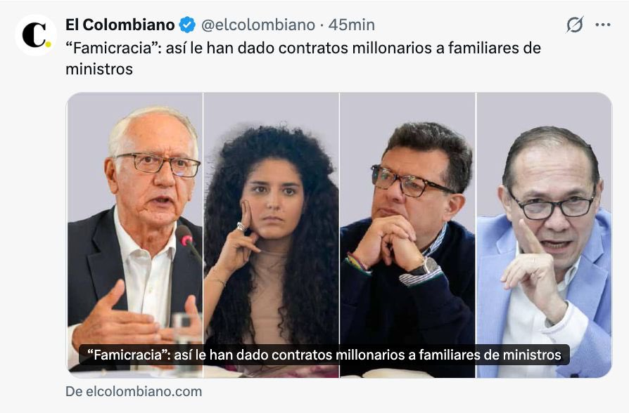 MariaFdaCabal's tweet photo. ¿Famicracia? Los familiares del régimen bien contratados, pero dicen que plata no hay para la salud. 

Ministro de Salud familiares con contratos por $3.000 millones.  

Ministro de Trabajo familiares con contratos por $1.000 millones. 

Ministra de Cultura familiares con contratos por más de $600 millones 

Gerente RTCV familiares con contratos por más de $700 millones de pesos.