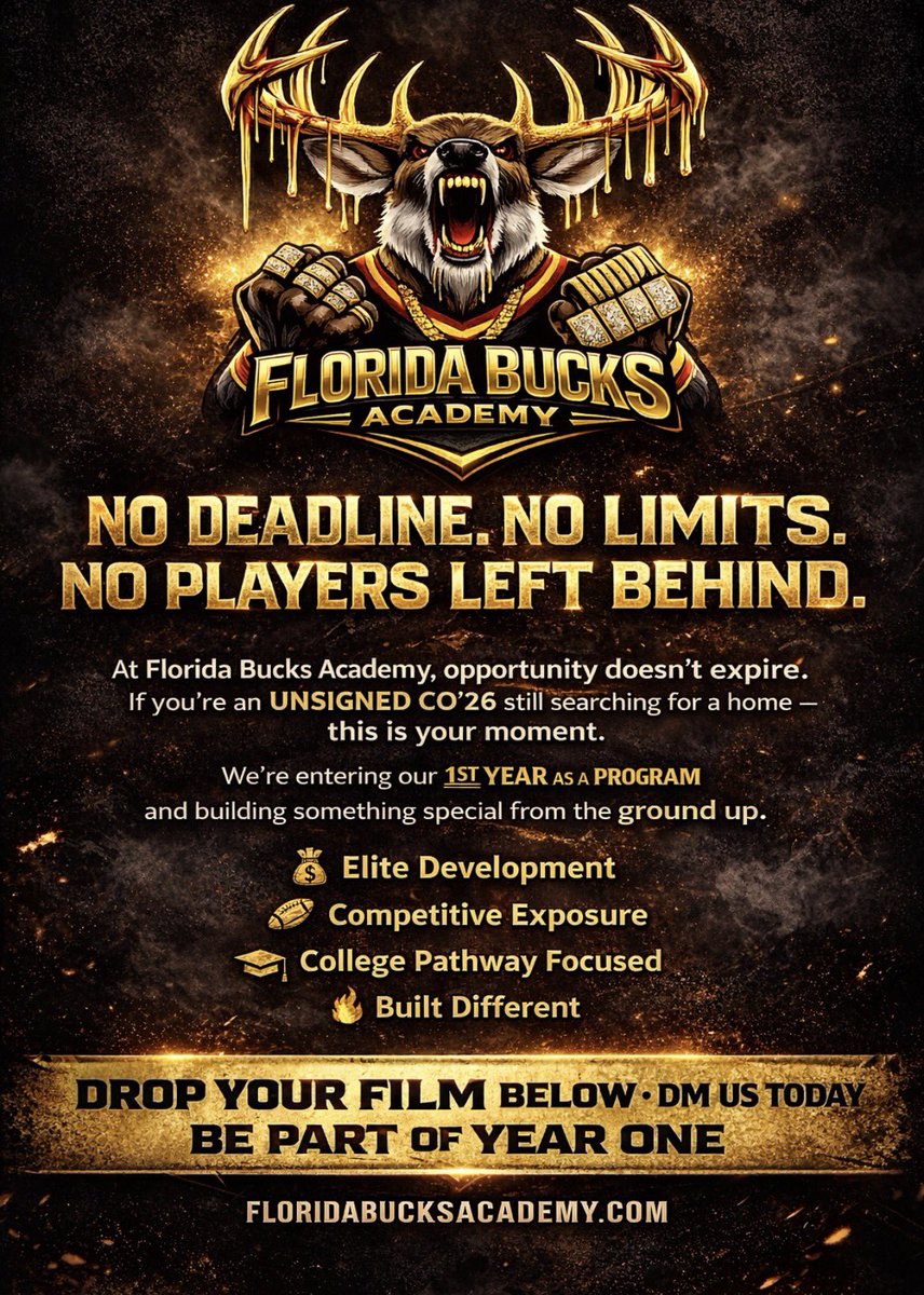 CoachJP6's tweet photo. If you’re serious about playing at the next level, stop playing small.

Florida Bucks Academy is built different.

📩 DM us
📧 Floridabucksacademy@gmail.com

#FloridaBucks #PostGradFootball #CollegeRecruiting #NextLevel https://t.co/M9QNUbqxI2