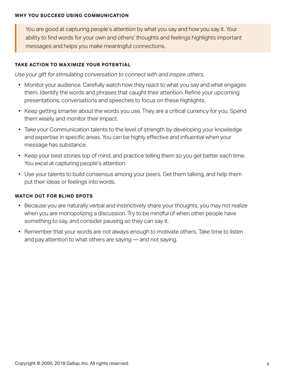 โชคดีมากที่ทำงานที่แรก สนับสนุนเรื่อง strength มาก และให้พนักงานทุกคนทำแบบทดสอบตอนเข้างาน ทำ workshop เรื่อง Strengths Finder เป็นเรื่องเป็นราวเลย ให้แต่ละคนเข้าใจตัวเอง เข้าใจความต่างของแต่ละคน เพื่อจะได้ทำงานกันราบรื่น พัฒนาศักยภาพได้เต็มที่ 

ตอนนั้นเราทำแค่ Top 5 แล้วเกือบ 10