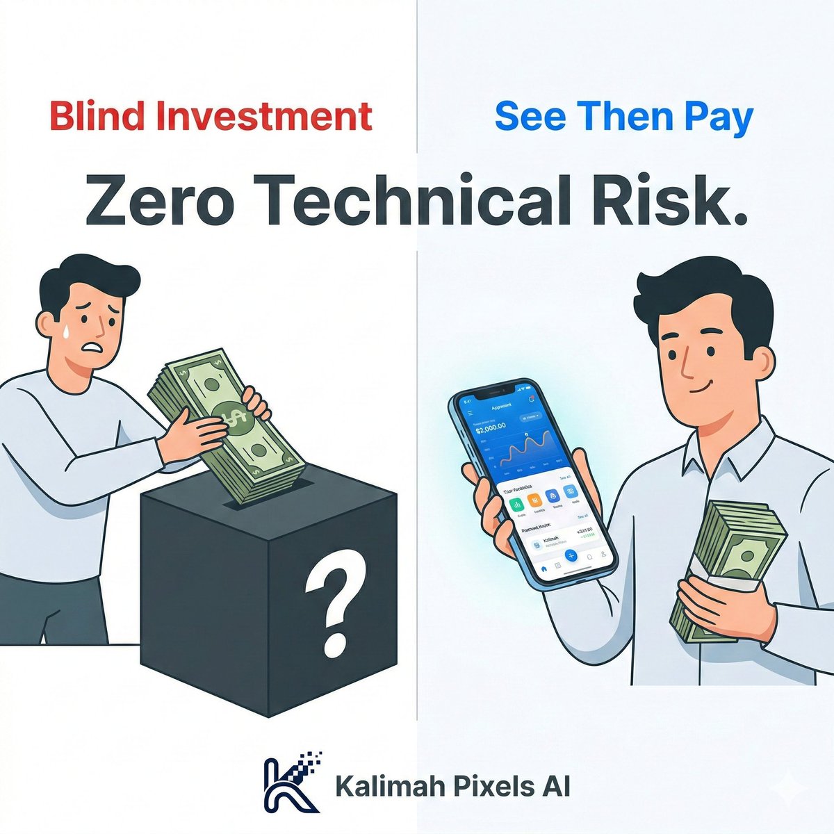 KalimahPixelsAI's tweet photo. Paying a 50% down payment to a dev agency based on a "slide deck" is gambling. 🎲

We use a "See Then Pay" model. 👀💳 We build the MVP first. You see it working. Then we talk contracts.
Risk-free software development.
#Startup #TechAgency #MVP #KalimahPixelsAI https://t.co/3l1a44vnBU