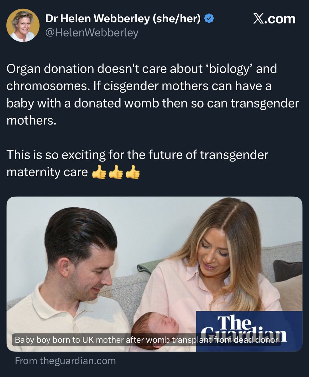 salltweets's tweet photo. I’m all for womb transplants so long as the wombs are exclusively coming from “transgender women”, and considering “organ donation doesn’t care about biology and chromosomes” this shouldn’t be a problem.

Absolute morons. https://t.co/APjMGeIsIi