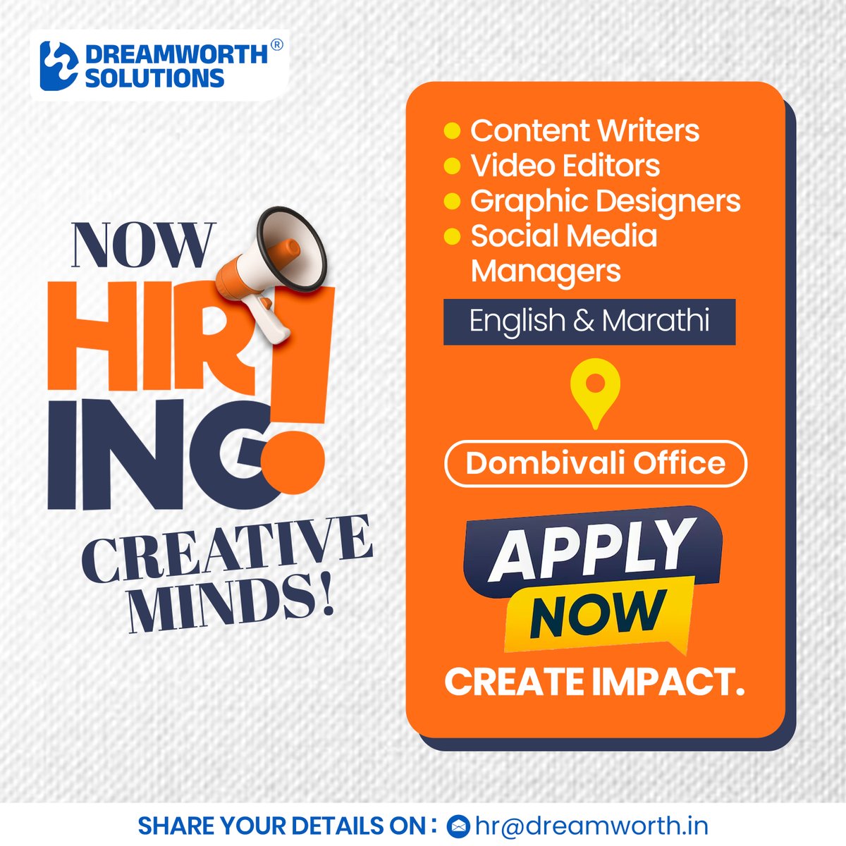 DreamworthIn's tweet photo. 🚀 Now Hiring at Dreamworth Solutions – Dombivli!

We’re expanding our team! Looking for Six English &amp; Marathi proficient - 
✍️ Content Writers
🎬 Video Editors
🎨 Graphic Designers
📱 Social Media Managers

📩 Share your details on hr@dreamworth.in https://t.co/njuscZjGiZ