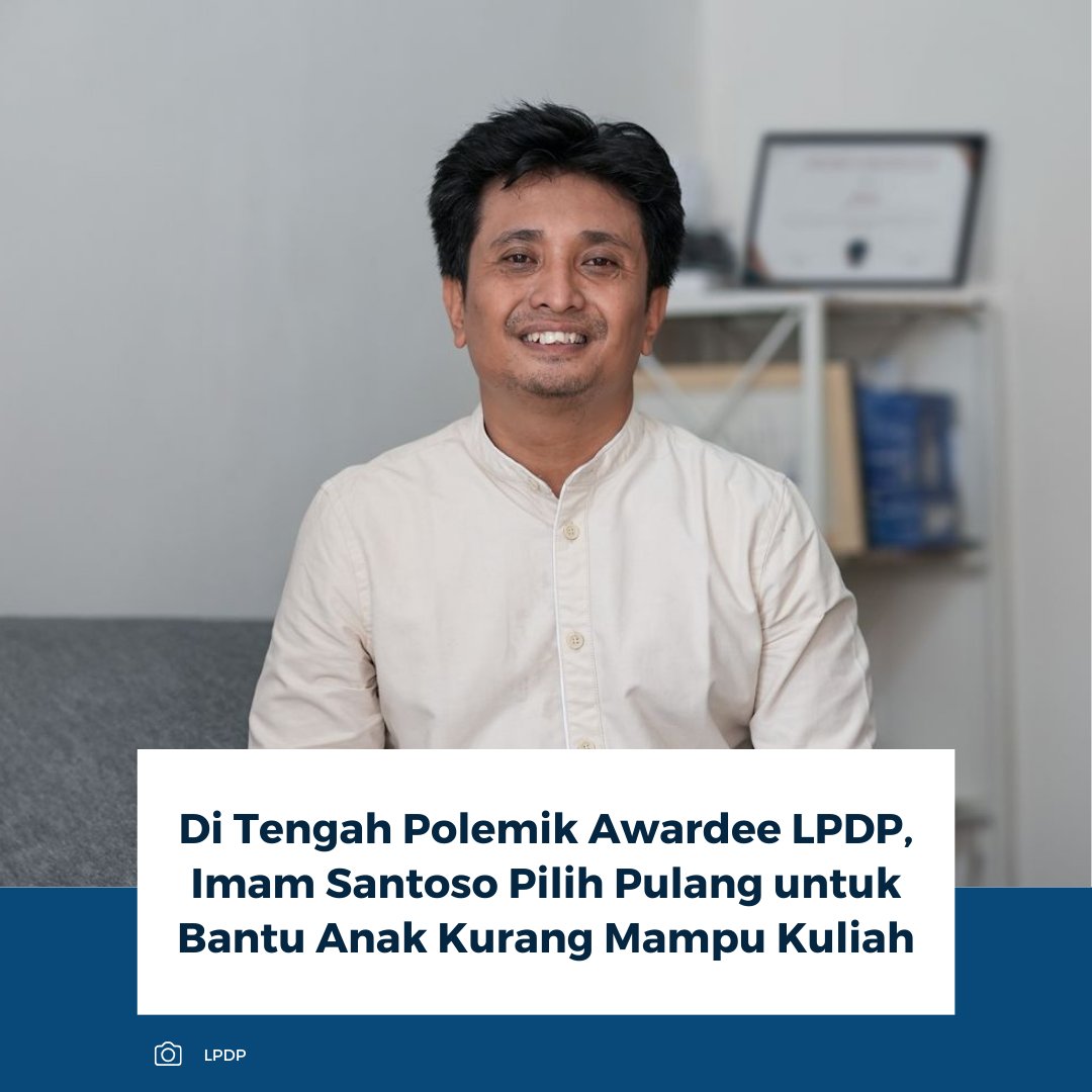 kompascom's tweet photo. Di tengah polemik awardee LPDP, kisah inspiratif tetap bermunculan. Imam Santoso, alumni LPDP Aalto University, memilih pulang dan mengabdi. Kini ia aktif blusukan membantu anak kurang mampu agar bisa kuliah.

Baca selengkapnya: https://t.co/6wh9mQMUT1

~RK #LPDP #imam #awardee https://t.co/op3IOoCYkf