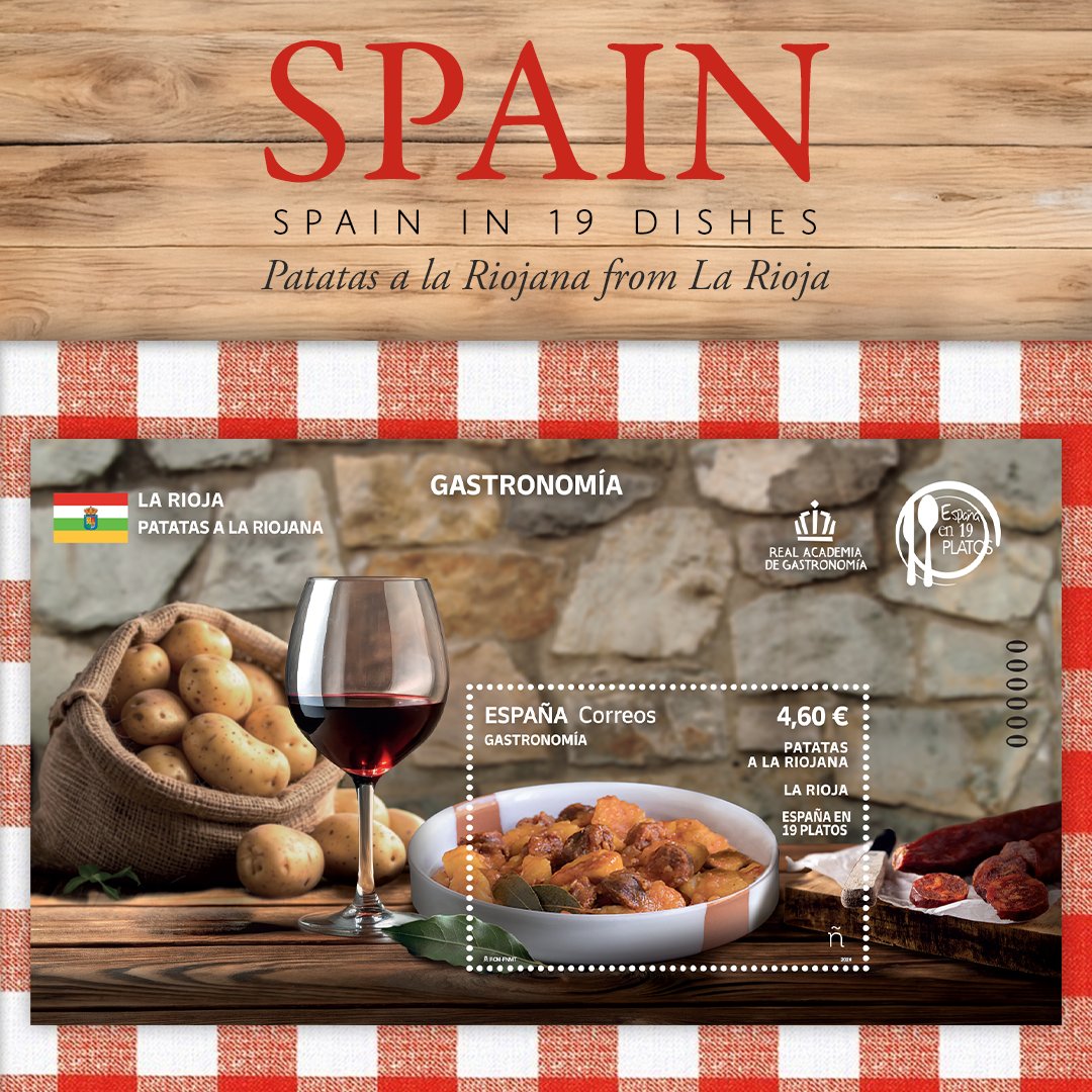 The Spain in 19 dishes series continues in 2026, this time dedicated to La Rioja and featuring the dish "Patatas a la Riojana" (also known as "Patatas con Chorizo"), one of La Rioja's most emblematic dishes. #stamps #philately #spain #food