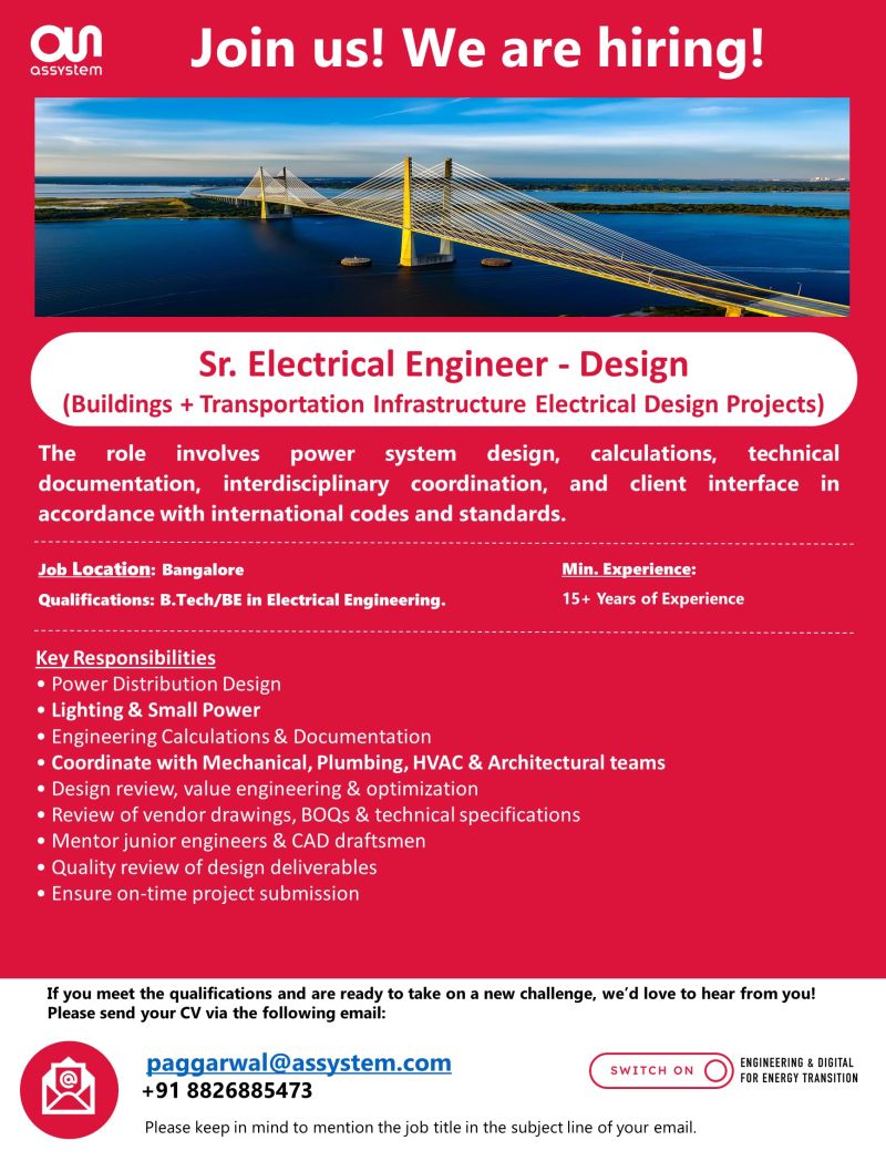 cxplacements's tweet photo. Assystem Hiring 2026 | Senior Electrical Design Engineer in Bangalore

#Assystem #Hiring #ElectricalDesignEngineer #SeniorElectricalEngineer #BangaloreJobs #EngineeringJobs #InfrastructureJobs #BuildingServices #PowerSystemDesign #TransportationInfrastructure #MEPDesign #ElectricalEngineering #DesignEngineering #CareerOpportunity #WeAreHiring