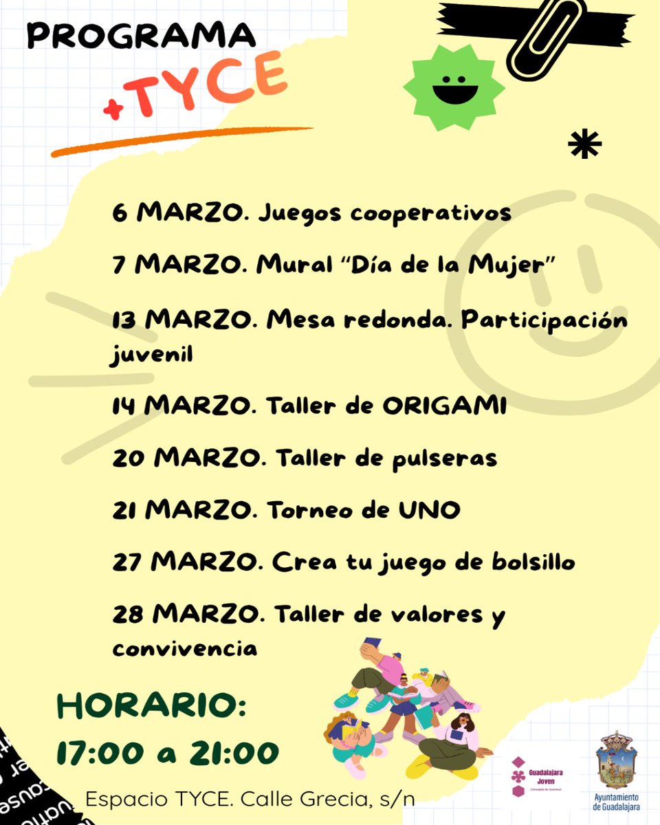 infojuvenil_GU's tweet photo. 🎉✨ ¡Llega el Programa +TYCE! ✨🎉

Durante el mes de marzo hemos preparado un montón de actividades para compartir, aprender y divertirnos juntos 🤝💡

🕔 Horario: de 17:00 a 21:00

Un espacio para crear, compartir y pasarlo en grande 💚
¡Te esperamos! https://t.co/SHCx2dqjQF