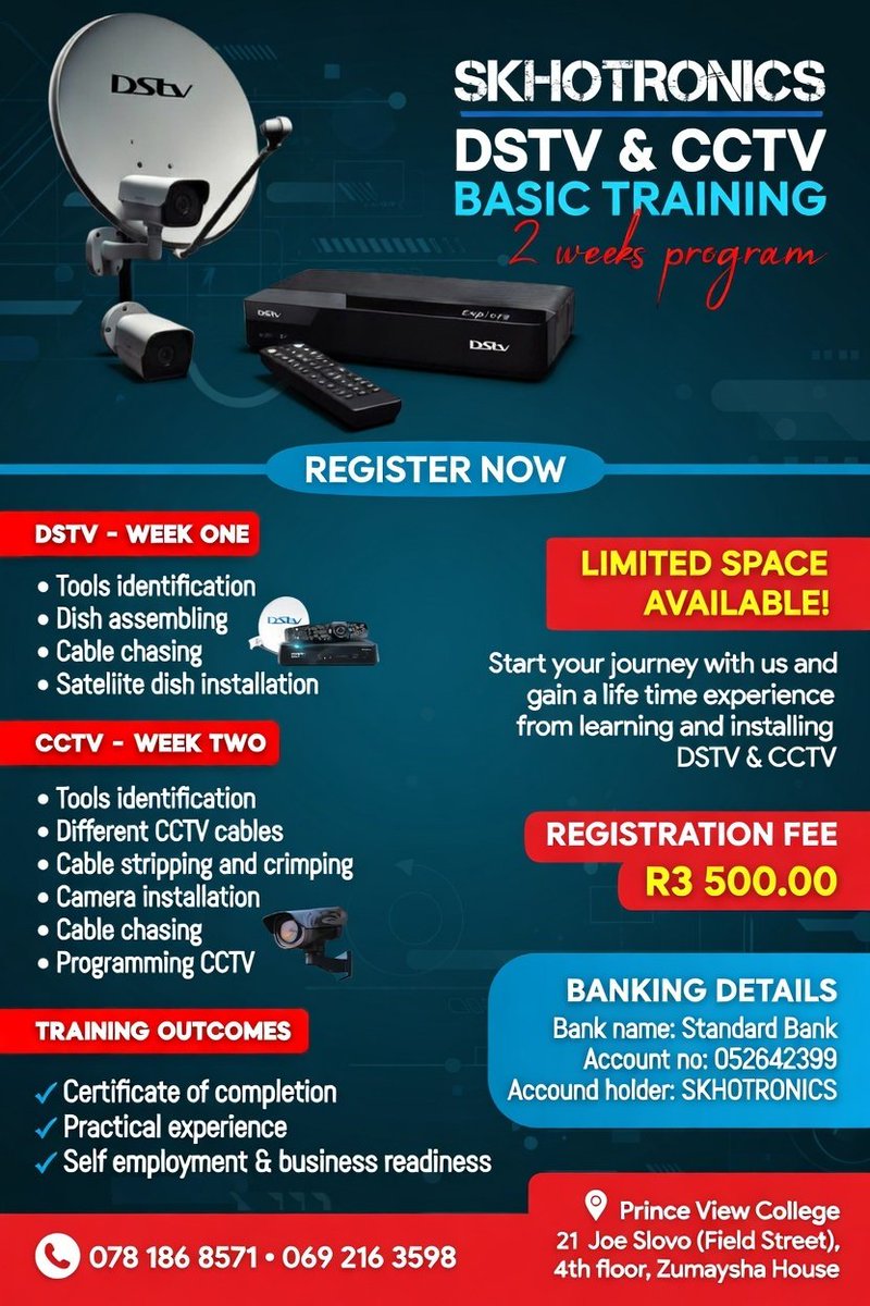 ElakhoFuture's tweet photo. Skill yourself and be your own Manager

Skhotronics is offering a life time opportunity to study and gain practical skills in installing DSTV &amp; CCTV.

Contact them for more information.

#SkhotronicsTraining
#FindYourWay https://t.co/B5Z8z4tcfy