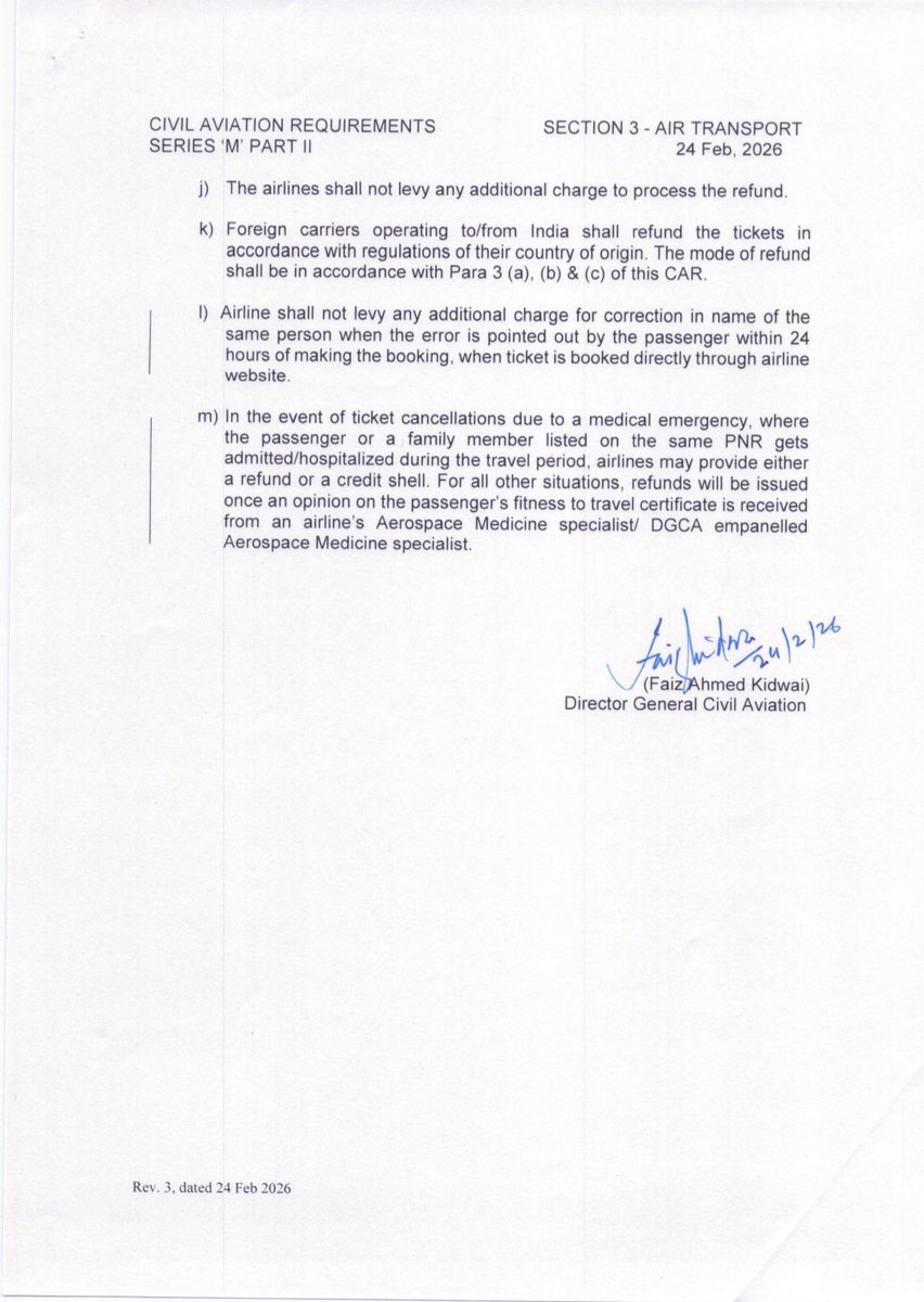Vgdktk's tweet photo. ✈️ DGCA Airline Ticket Refund Rules Effective 26 Mar 2026.

💳 Credit card refunds must be processed within 7 days of cancellation.

💵 Cash ticket refunds must be made immediately at the airline office where purchased.

🌐 If booked via travel agent or portal, refund responsibility lies with the airline and must be completed within 14 working days.

💰 All statutory taxes including UDF, ADF and PSF must be refunded in case of cancellation, non utilisation or no show, even for non refundable and promo fares.

⏳ 48 hour Look in option allows cancellation or amendment within 48 hours of booking without extra charges. Fare difference applies.
 • Not valid if departure is less than 7 days for domestic or less than 15 days for international flights when tickets booked directly via airline website.

🧾 Airlines must clearly display refundable amount, charge breakup and cancellation fees at the time of booking.

🚫 Cancellation charge cannot exceed basic fare plus fuel surcharge, excluding agent fees disclosed at booking.

💼 Credit shell cannot be default and must be offered only if chosen by the passenger.

❌ No additional fee allowed for processing refunds.

✍️ Free name correction for the same passenger within 24 hours of booking if booked via airline website.

🏥 In medical emergency cases where passenger or family member on the same PNR is hospitalized during the travel period, airline may provide refund or credit shell. Medical certification required in other cases.

🌍 Foreign carriers will follow home country regulations, but refund mode must align with DGCA timelines mentioned above.

#Travel