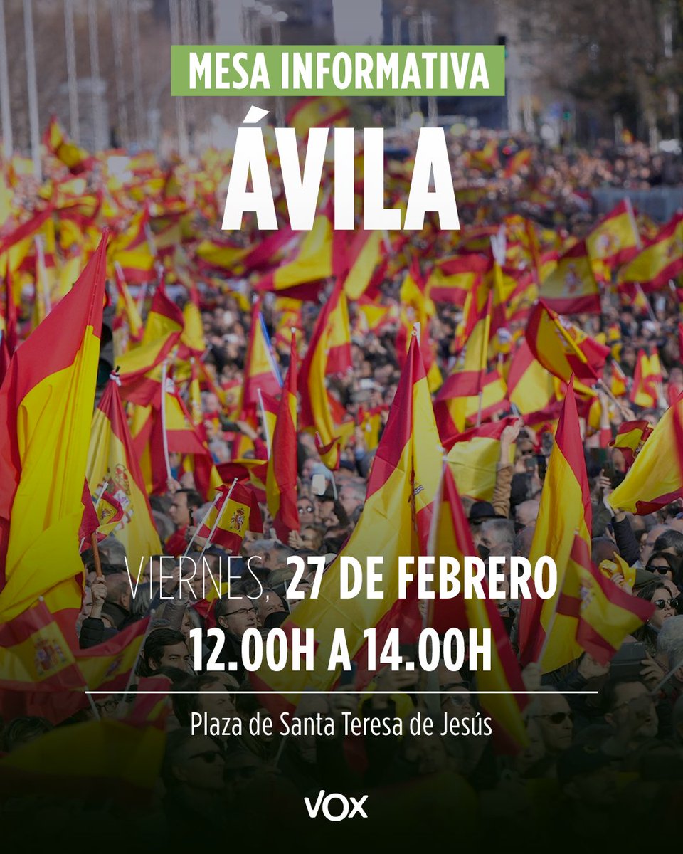 Mesa Informativa 👇

🗓️ Viernes, 27 de febrero
⏰ De 12:00 a 14:00 horas
📍 Plaza de Santa Teresa de Jesús

¡Te esperamos!

#MesaInformativa #VOX #VOXÁvila #Ávila