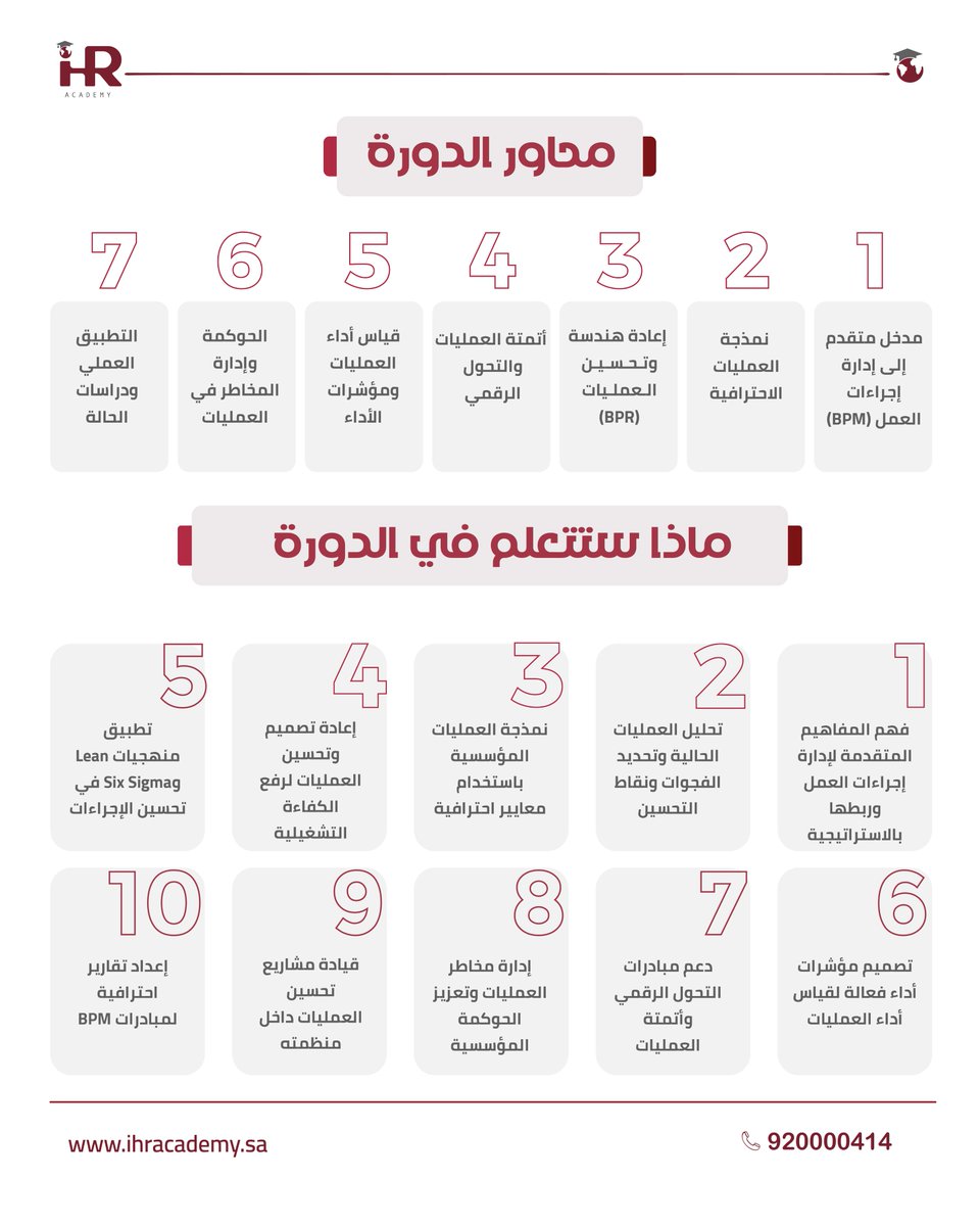 هل تعاني من بطء الإجراءات وضعف الكفاءة في عملك؟

مع دورة المهارات المتقدمة في إدارة إجراءات العمل (BPM)
ستتعلم كيفية تصميم وتحسين العمليات داخل مؤسستك، مما يرفع الكفاءة ويقلل الهدر.

ما ستكتسبه من الدورة:
• تحسين العمليات بشكل منهجي وفعّال
• تطبيق أدوات حديثة لقياس الأداء
•