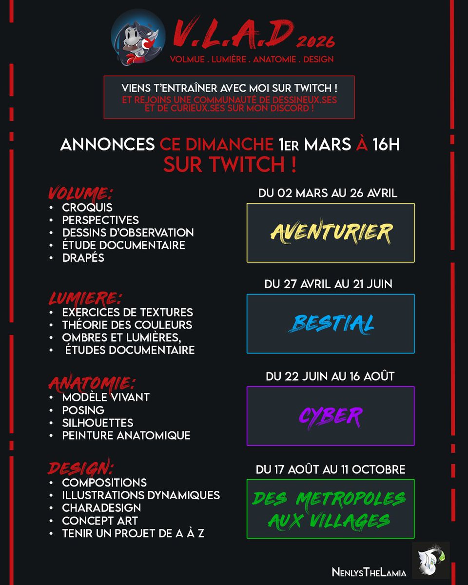 NenlysTheLamia's tweet image. À partir du 2 Mars, la chaîne prend une tout autre tournure bien plus centrée sur le dessin. Je prévois cette année un programme basé sur des thèmes pour créer, développer son style et se dépasser.
Vous pouvez vous aussi le faire avec moi ou à votre rythme.🔥

#Art #twitchfr