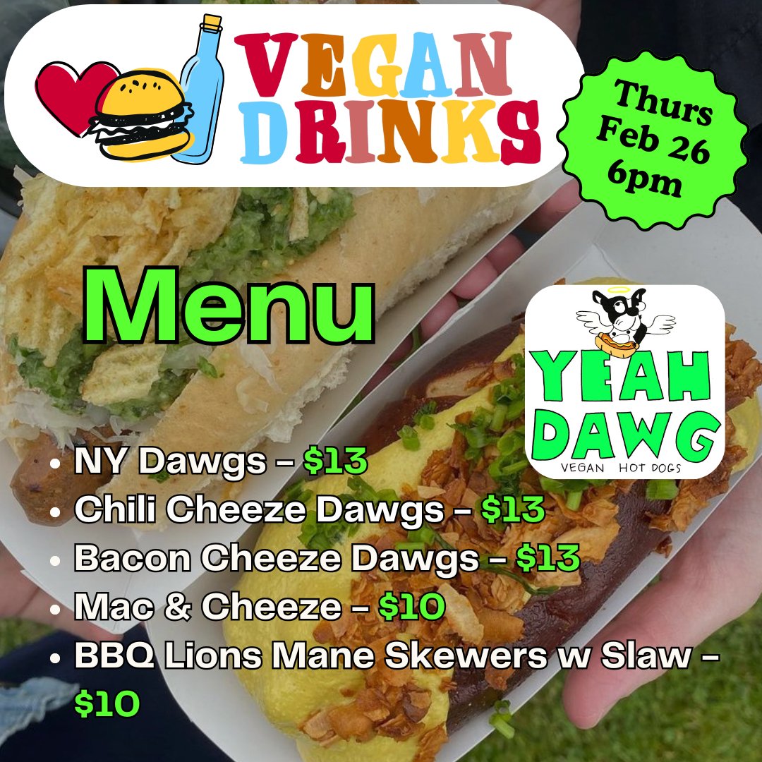 VeganDrinks's tweet photo. 🔥 Vegan Drinks Tonight at 6pm!

Food by Yeah Dawg
Benefitting Plant Based Treaty

Emma Peel Room 266 Broome St Manhattan

https://t.co/3InFDFt6or https://t.co/l1txu5kDMS