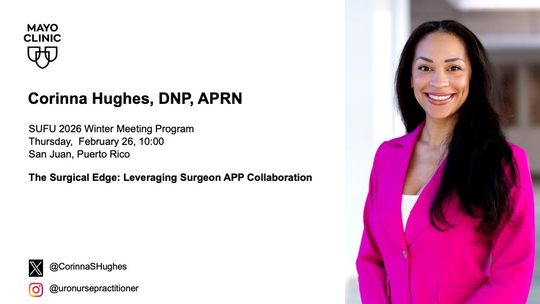 MayoUrology's tweet photo. Today at #SUFU2026 in San Juan PR! - Join @CorinnaSHughes presenting "The Surgical Edge: Leveraging Surgeon APP Collaboration"
🗓️ February 26, 2026
⏰ 10 am
@sufuorg #SUFU #Urology https://t.co/z1S8tBGG7C