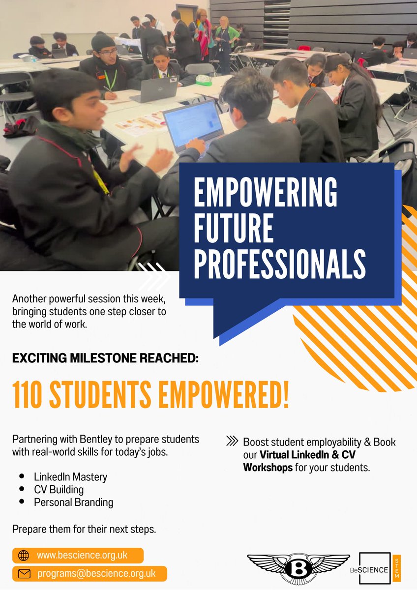 🚀 110 students empowered! With Bentley, we’ve supported students in sharpening their LinkedIn profiles, CVs &amp; apprenticeship applications. Want to bring our virtual workshops to your school?
📧 programs@bescience.org.uk