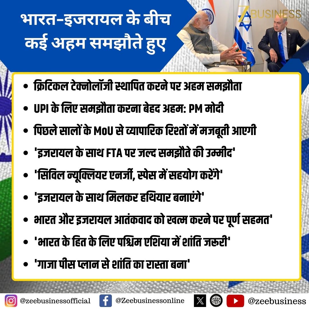 ZeeBusiness's tweet photo. भारत-इजरायल के बीच कई अहम समझौते हुए
भारत-इजरायल का UPI पेमेंट सिस्टम जोड़ने के लिए करार
#IndiaIsrael #IndiaIsraelRelations #UPI #UPIInternational #DigitalPayments #AI #MoU #StrategicPartnership #Innovation #TechCooperation #SecurityAgreement https://t.co/Mx9RLqvhqK