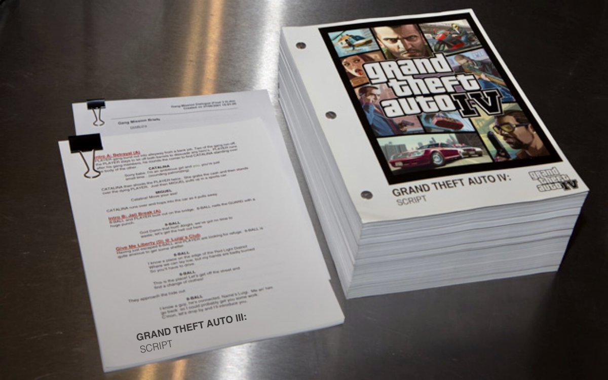 This is an actual representation of the GTA 3 and GTA 4 scripts shared by Rockstar Games in 2012.

Just imagine the size of GTA 6’s script.