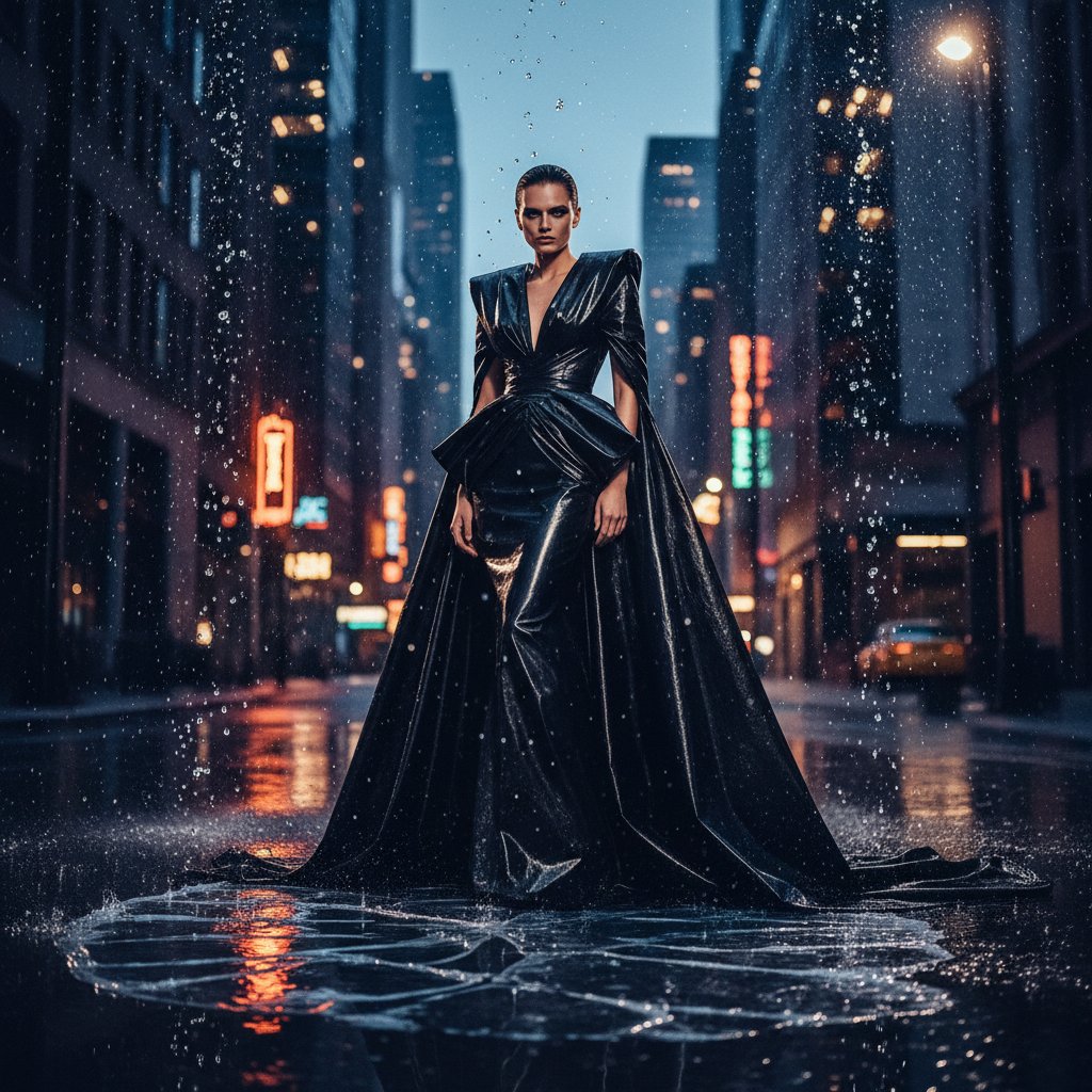 Cinematic Elegance. The moody lighting and glossy reflections create an atmosphere of high fashion and drama. 🌆