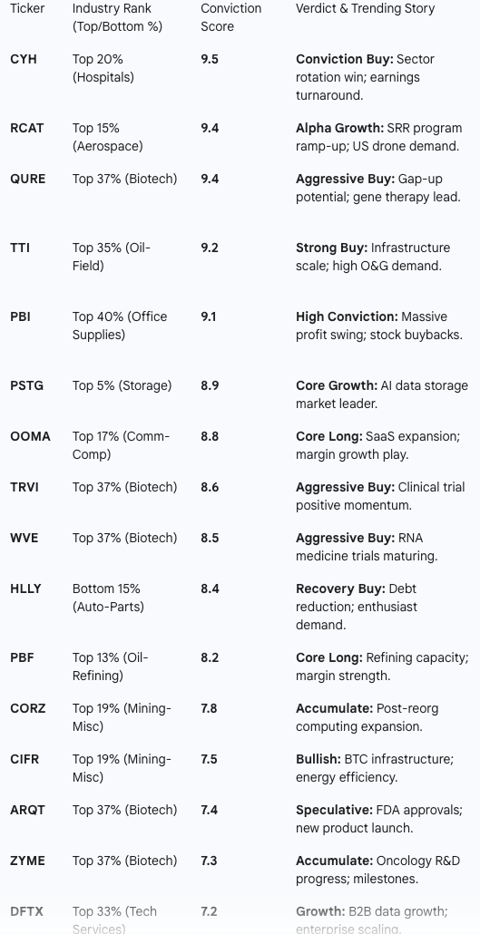 ai ranking for 02/26
$CYH $RCAT $QURE $TTI $PBI $PSTG $OOMA $TRVI $WVE $HLLY $PBF $CORZ $ARQT $ZYME $DFRX