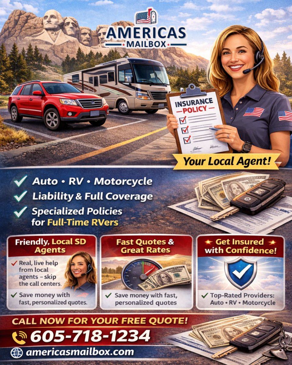 AmericasMailbox's tweet image. Vehicle insurance shouldn’t slow your next mile. 🚐

We help RVers &amp;amp; van lifers explore coverage options with dedicated support every step of the way.

📞 (605) 718-1234
🌐 AmericasMailbox.com

#AmericasMailbox #RVInsurance #VanLife #FullTimeRVer #NomadLiving