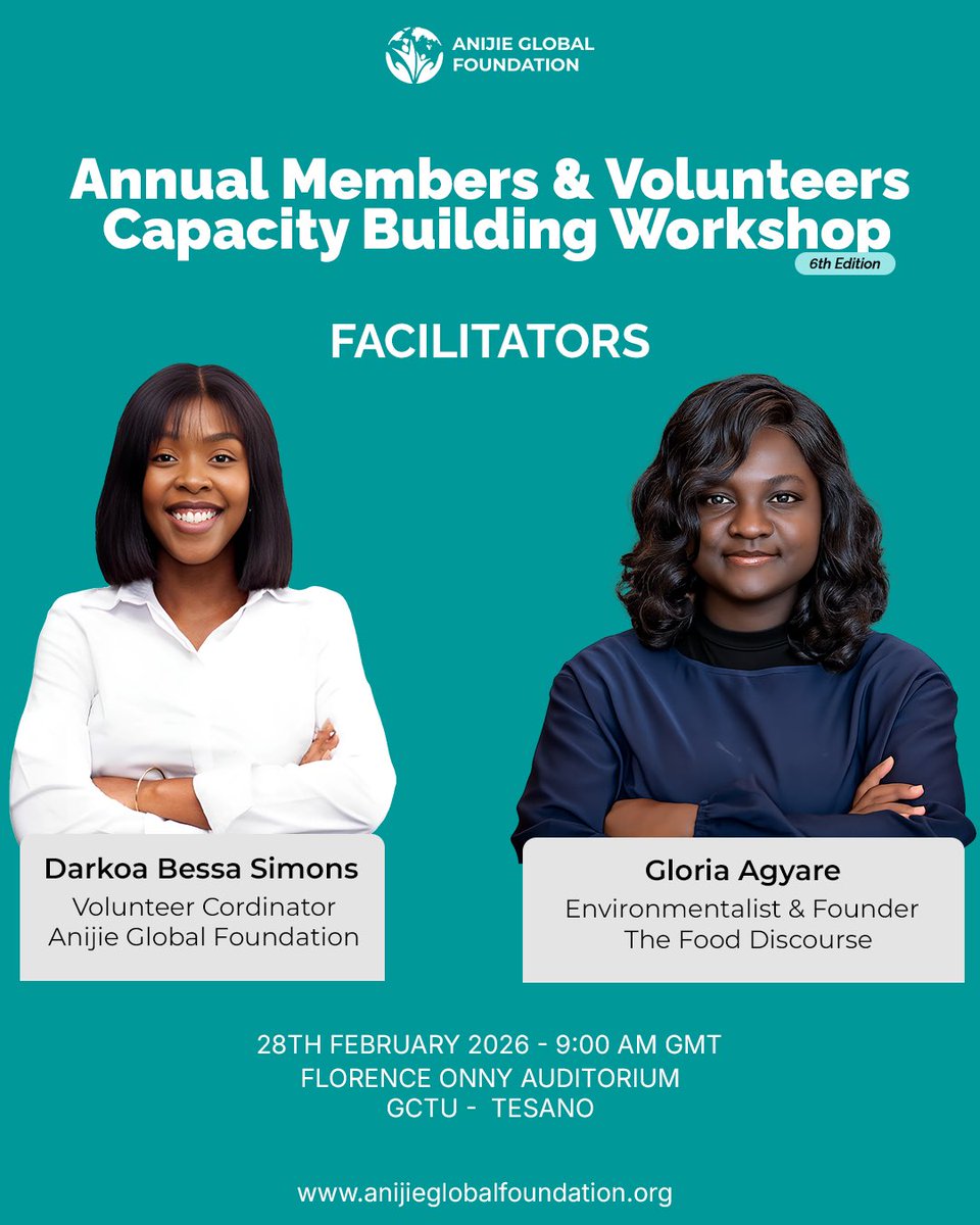 AnijieGlobal's tweet photo. Join us for our 6th Annual Members &amp; Volunteers Capacity Building Workshop as we learn, grow, and lead with impact.

🗓 28 Feb 2026 | 9AM GMT
📍 Florence Onny Auditorium, GCTU – Tesano

#YouthLead #BuildCapacity #LeadershipDevelopment https://t.co/fJx9fIhqsX