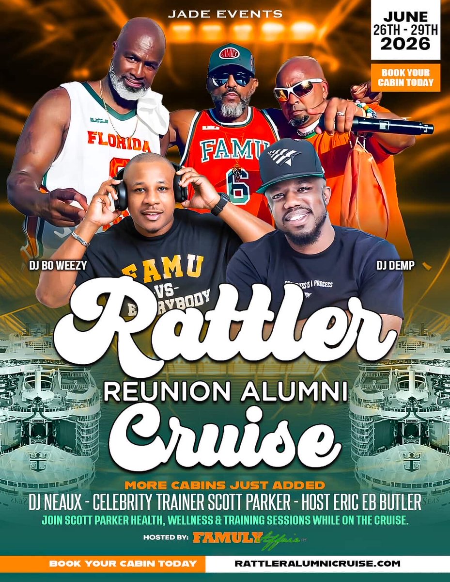 Rattler Reunion Alumni Cruise 

June 26th – 29th, 2026
More cabins just added!

🎧 by Bo Weezy, DJ Demp &amp; DJ Neaux
Plus Celebrity Trainer Scott Parker &amp; Host Eric EB Butler

FAMUly we taking over the seas 🌊

Book your cabin now 👉🏾 RattlerAlumniCruise.com