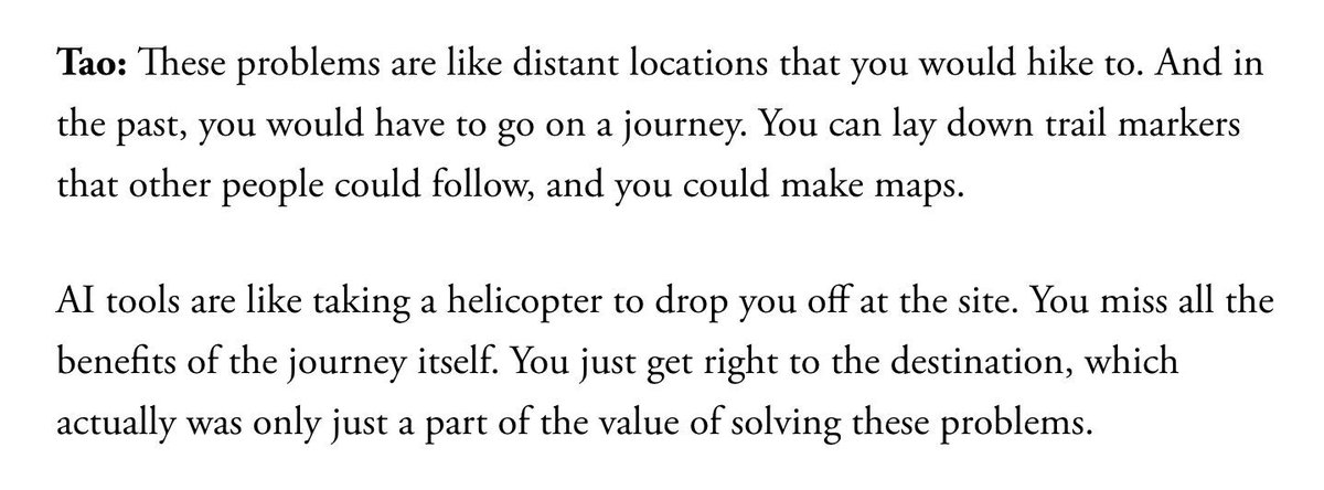 I love this metaphor from Terence Tao—widely considered the world’s greatest living mathematician—about one of the drawbacks of using AI to solve hard math problems. theatlantic.com/technology/202…
