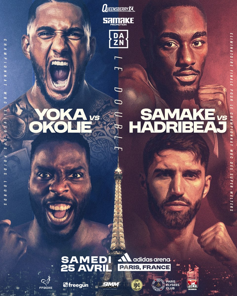 DAZN_FR's tweet photo. 🥊 | DOUBLE CHOC À L’ADIDAS ARENA ! 💥

Yoka 🆚 Okolie
Samaké 🆚 Hadribeaj

Rendez-vous le 25/04 en direct sur DAZN pour vivre l’événement au plus près du ring ! 🔥 https://t.co/77vGABUsv6