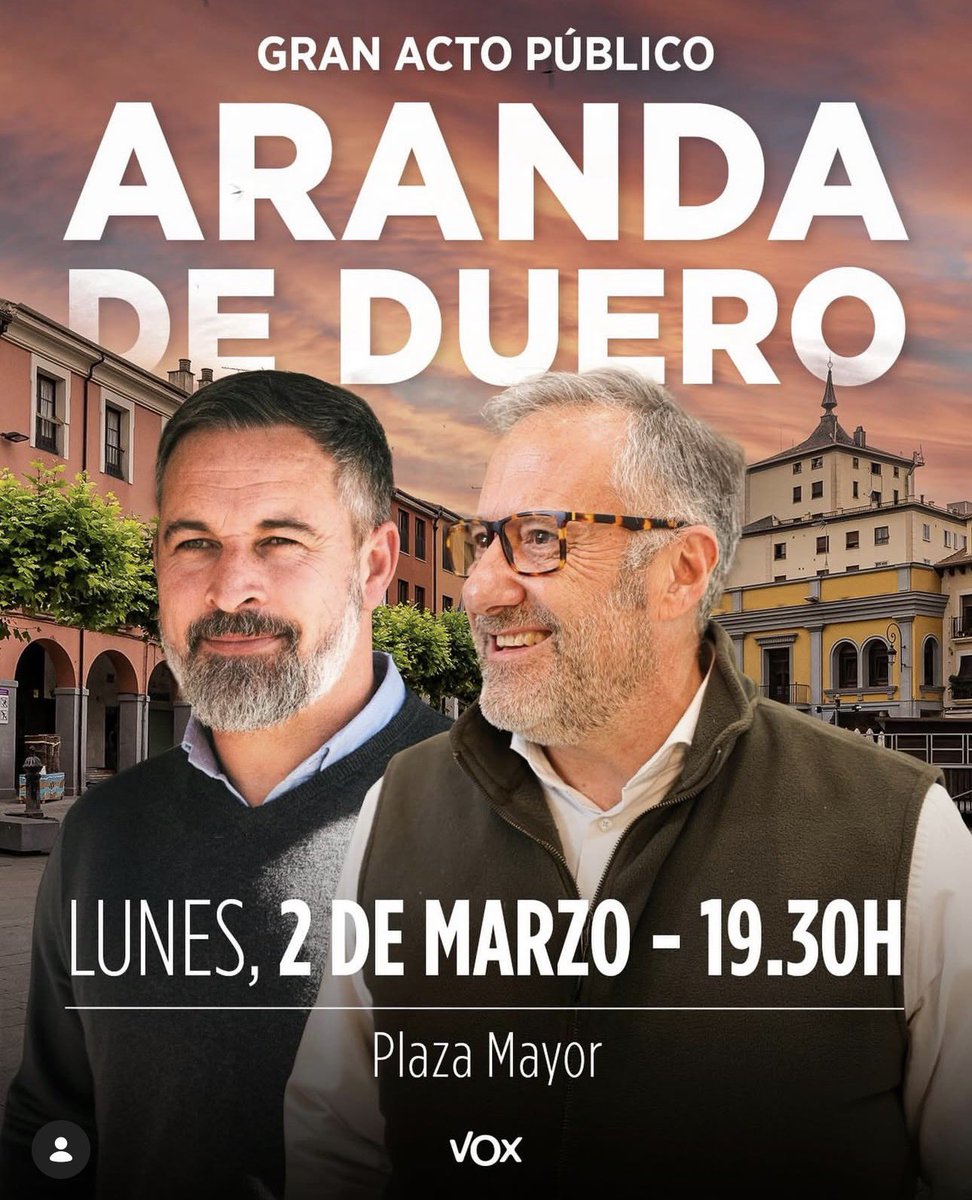 ArandaVox's tweet photo. EL EVENTO QUE TODOS ESPERÁBAMOS:
Gran acto de nuestro presidente Santiago Abascal y el candidato regional de Vox Carlos Pollán.
TE ESPERAMOS!! https://t.co/GgXN7nRiPA