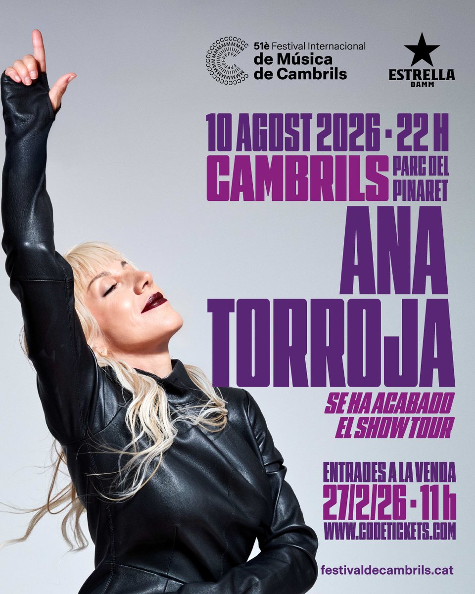 fimcambrils's tweet photo. @Ana_Torroja en concert a Cambrils.
🗓 10/08/26 · 22 h
📍 Parc del Pinaret
🎤 “Se ha acabado el show”
🎟️ Entrades 27/2/26 · 11 h

#FIMCambrils26 #AnaTorroja #PopEspañol https://t.co/swWUsrMDwF