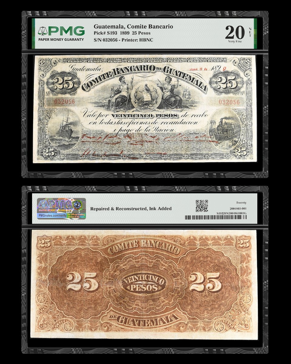 PMGnotes's tweet photo. Note of the Day: Today’s #ThrowbackThursday note is this Guatemala, Comite Bancario 1899 25 Pesos, one of only four in the PMG Population Report. It’s being offered by Heritage Auctions: https://t.co/FGHAhUNS1G #guatemala #pesos #vintagenotes #papermoney #rarepapermoney https://t.co/V7rme69XBH