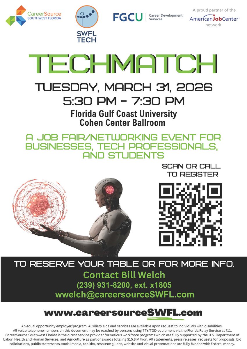 CareerSourceSWF's tweet photo. Attn: Businesses looking to connect with top tech talent! Register today for 2026 TechMatch, the ultimate job fair and networking event in SWFL! Meet &amp; network w students &amp; top tech professionals. REGISTER: https://t.co/bDcMKAgCuP
 #TechMatch #FGCU #SWFLTech #careersourceSWFL https://t.co/etdpHud3cA