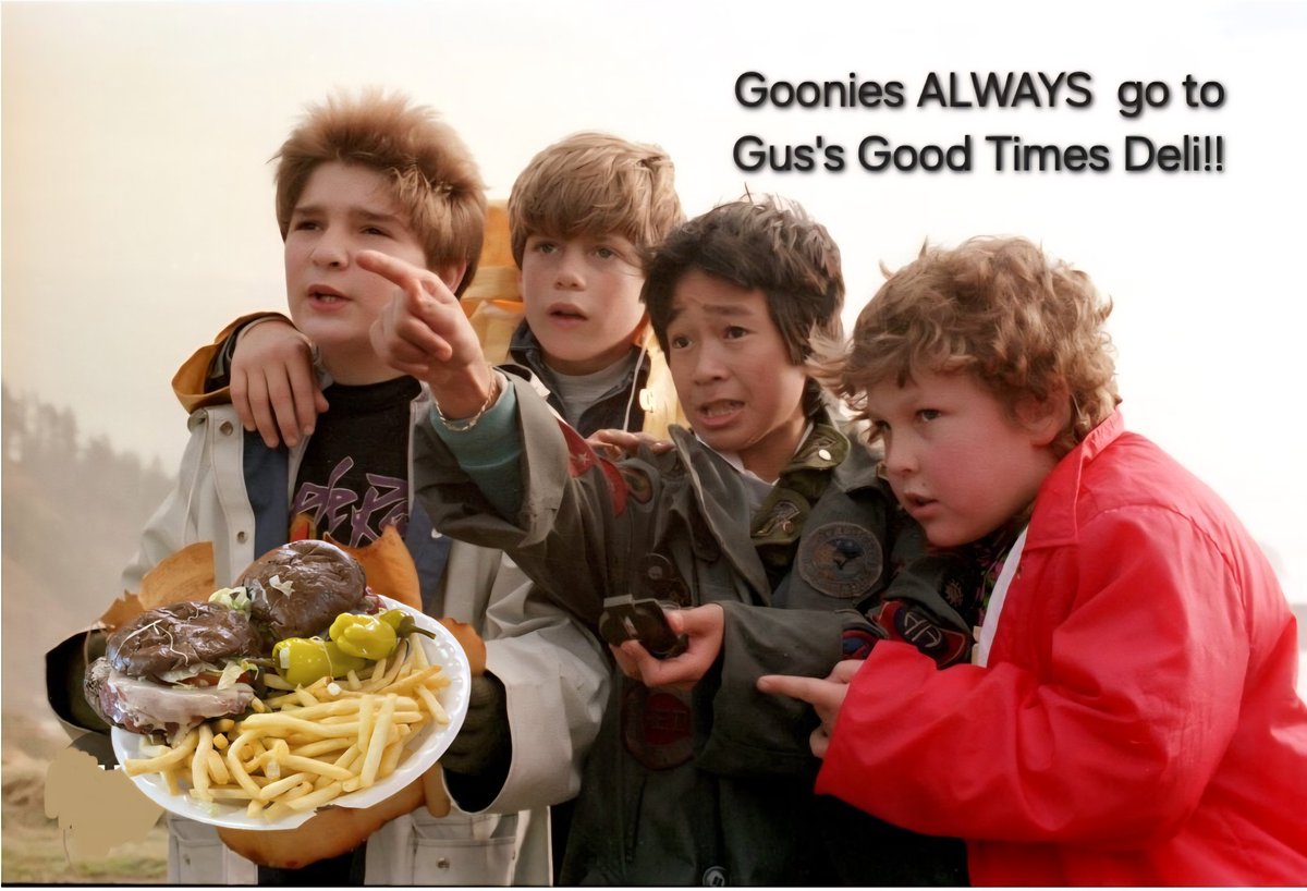 GusGoodTimesDel's tweet photo. Goonies ('85) never say die! Our treasure may not be as great as One Eyed Willie's but it sure is a helluva lot tastier! Come see us for lunch! #45yearsofexcellence #knoxville #hungry #truffleshuffle https://t.co/2FCLxM2fXH