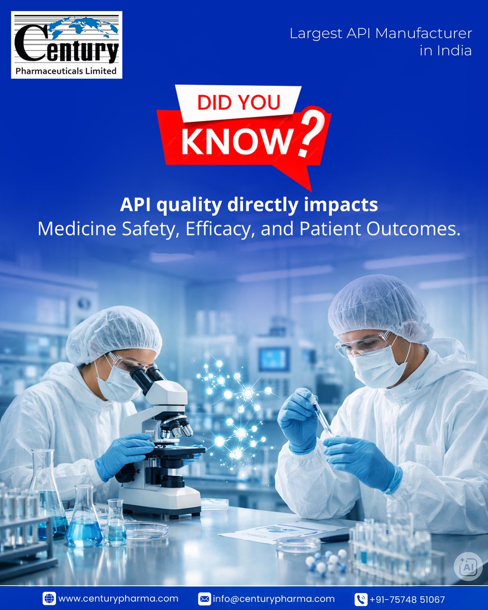 CenturyPharma_'s tweet image. Did you know?
API quality directly affects medicine safety, efficacy &amp;amp; patient outcomes.
Choose a trusted API manufacturing partner.
📩 info@centurypharma.com

[API quality, pharma API manufacturer India]
#CenturyPharma #PharmaAPI
#APImanufacturing #HealthcareQuality