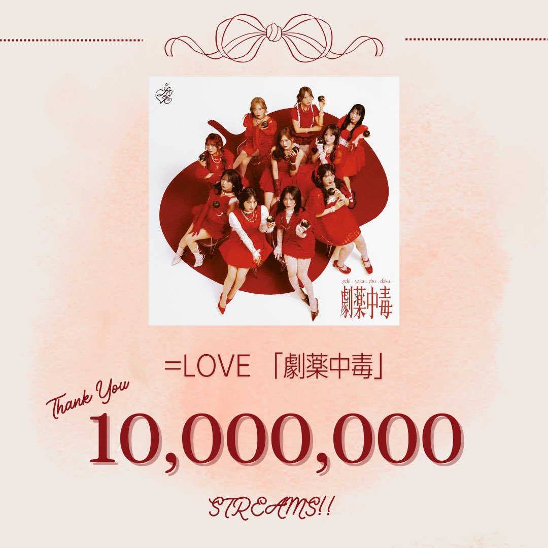 [🩷] เพลง Gaku yaku chu doku ซิงเกิ้ลที่ 20 ของ =LOVE
ยอดสตรีมทะลุ 10 ล้านแล้วว🎉✨

▼ สตรีมมิ่ง
🎧 equallove.lnk.to/GekiyakuChudoku

ยินดีกับอิโคเลิฟจังด้วยน้า🩷

ขอบคุณที่ฟังกันเยอะ ๆ เลยน้า มาฟังเพลงใหม่ของอิโคเลิฟจัง ระหว่างรอ MV ปล่อยในวันที่ 1 มีนาคมที่จะถึงนี้กันนะ~

#IkoloveTH