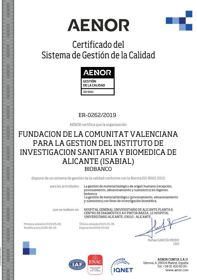 isabial_iis's tweet image. 👏El @Biobanco_HGUA  de ISABIAL ha renovado con éxito la certificación de #Calidad ISO 9001:2015

✅ Este certificado confirma que el Biobanco mantiene estándares rigurosos en la gestión, procesamiento, almacenamiento y cesión de muestras biológicas