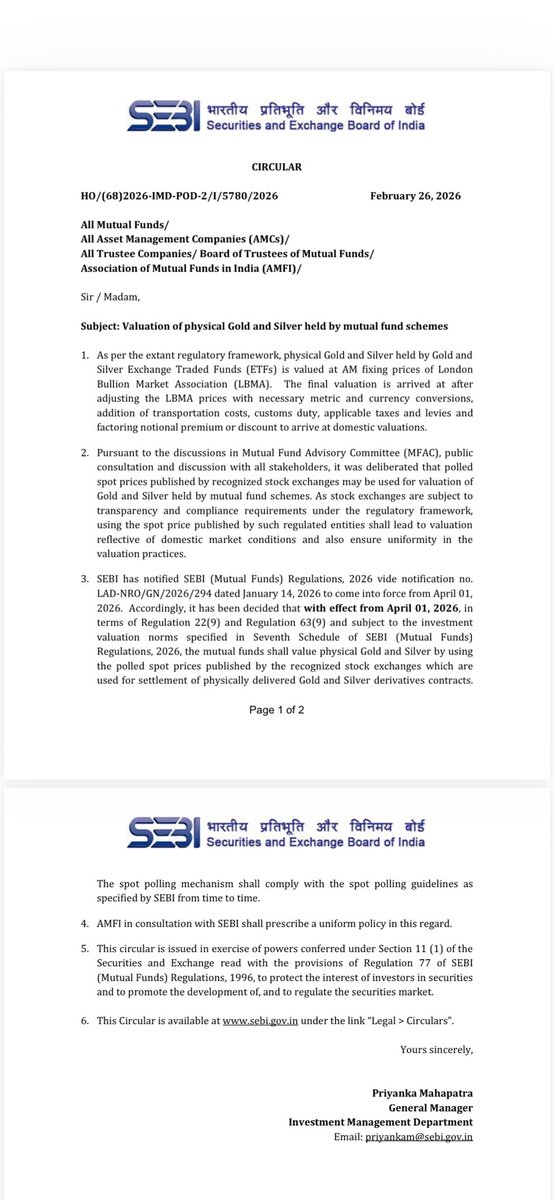 Another important circular from SEBI on how gold and silver will be valued in ETFs. 

Till date, ETFs used London Bullion Market Association (LBMA) gold and silver prices converted into domestic prices after adjusting for currency and import duties. These often differed from