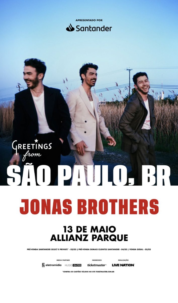 JBoficialBR's tweet photo. JONAS BROTHERS RETORNAM AO BRASIL COM A TURNÊ DE 20 ANOS DE CARREIRA

🗓️: 13 de maio
📍: Allianz Parque, São Paulo

As vendas serão pela Ticketmaster.

Pré-venda @santander_br: 03 e 04 de março 
VENDA GERAL: 05 de março https://t.co/2VMaDATSYC