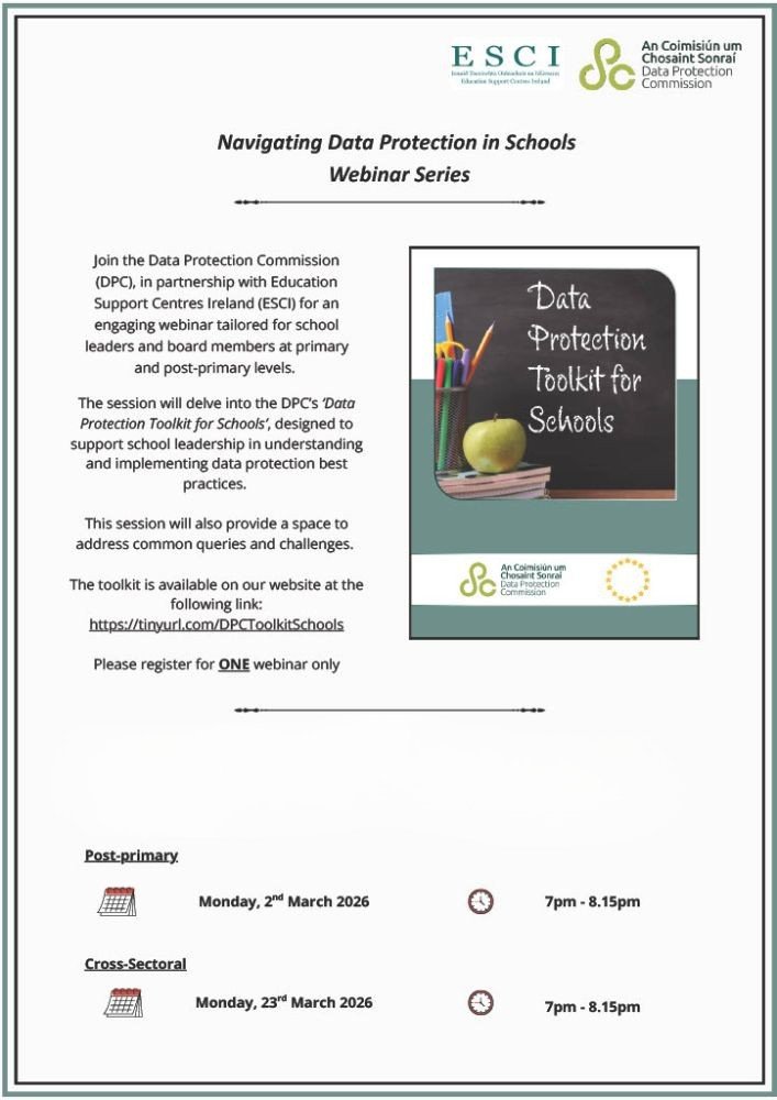limerickedcentr's tweet image. 🔒 Navigating Data Protection in Schools
For principals, post holders &amp;amp; Boards of Management (Post Primary)
🗓️2 Mar 2026 
⏰7–8:15pm
💻Online
🎟️Free
Practical guidance on GDPR, responsibilities &amp;amp; best practice.
👉 Book: shorturl.at/KxGH6
#DataProtection #GDPR #PostPrimary