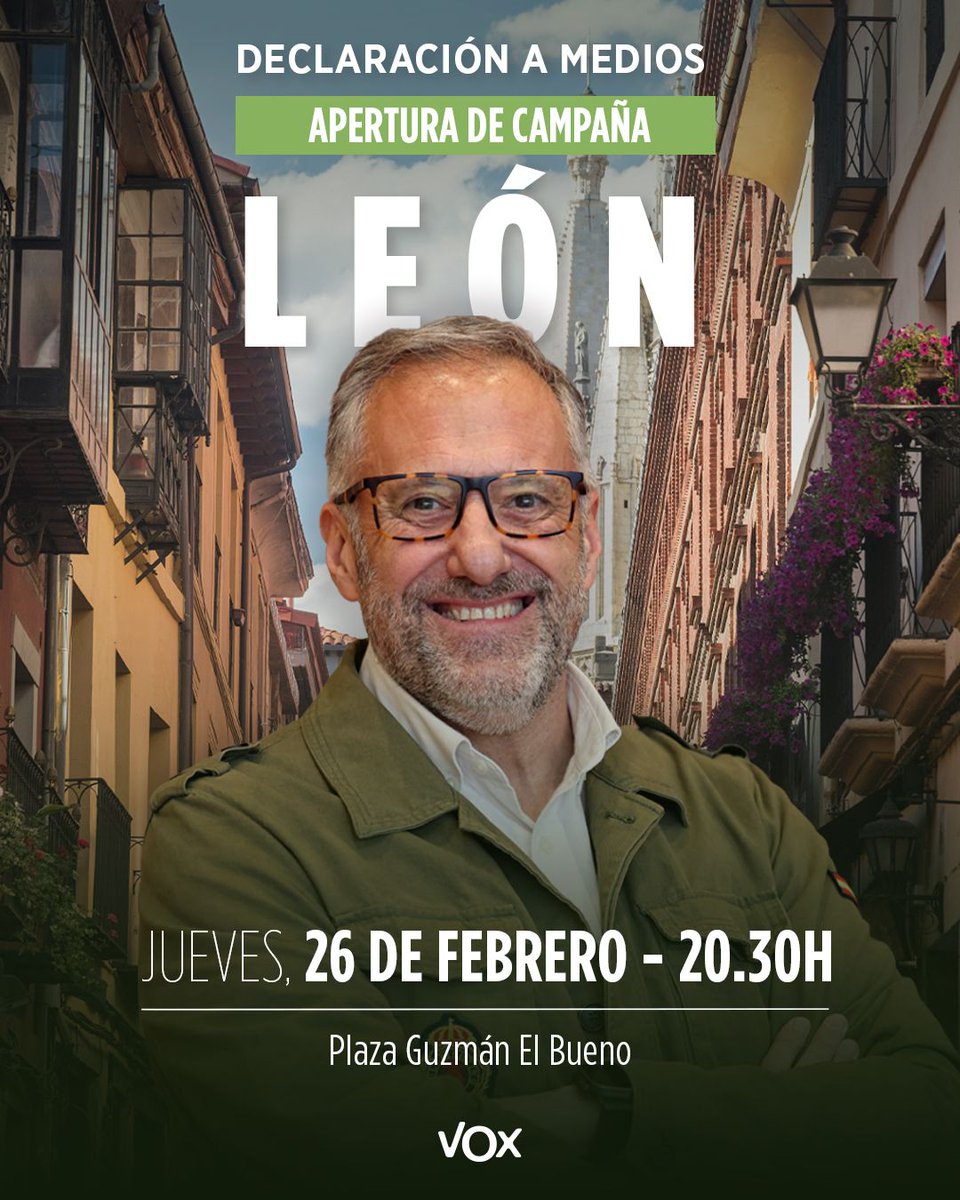 Hoy jueves 26 de febrero, nuestro candidato por León <a href="/CarlosPollan/">Carlos Pollán Fernández</a>, atenderá a los medios en la plaza de Guzmán el Bueno a las 20.30 horas como apertura de la campaña electoral.