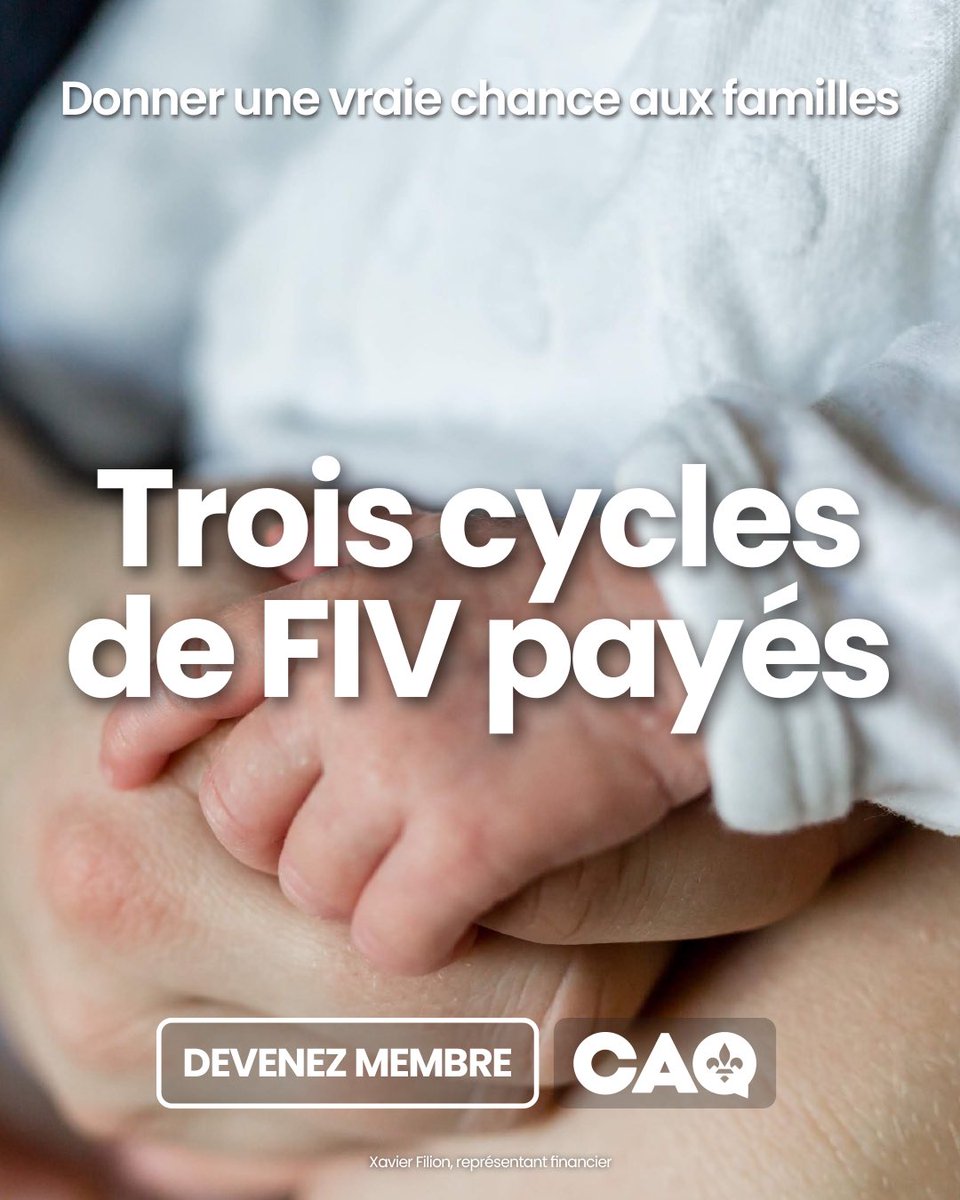 BDrainvilleQc's tweet photo. Aider nos familles québécoises à avoir des enfants. 🧑🏻‍🍼

Un couple sur six a de la difficulté à avoir un enfant. Trop de futurs parents abandonnent leur projet à cause des coûts ou des délais trop longs.

Je veux changer les choses et on doit se donner les moyens d’augmenter le taux de natalité au Québec. 

👉 Couvrir jusqu’à trois cycles de fécondation in vitro par la RAMQ pour maximiser les chances de devenir parent.
👉 Garantir un délai maximal de six mois dans le réseau public. Si ce délai est dépassé, le privé serait couvert.
👉 Élargir l’âge d’admissibilité pour commencer les traitements jusqu’à 43 ans, avec des transferts d’embryons possibles jusqu’à 45 ans.

Fonder une famille devrait être accessible à tous, peu importe les moyens. 

Si vous voulez un premier ministre qui agit concrètement pour les familles, prenez votre carte de membre : https://t.co/HWosJABDnB

https://t.co/2cf3dq1njB