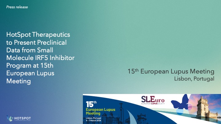hotspotthera's tweet photo. We’re excited to head to Lisbon for the 15th European Lupus Meeting! HotSpot Therapeutics will present new preclinical data from our small molecule IRF5 inhibitor program.

If you’re attending, please stop by our poster — we’d love to connect.

https://t.co/tbEoKCza2O https://t.co/uVZe5bX5QW