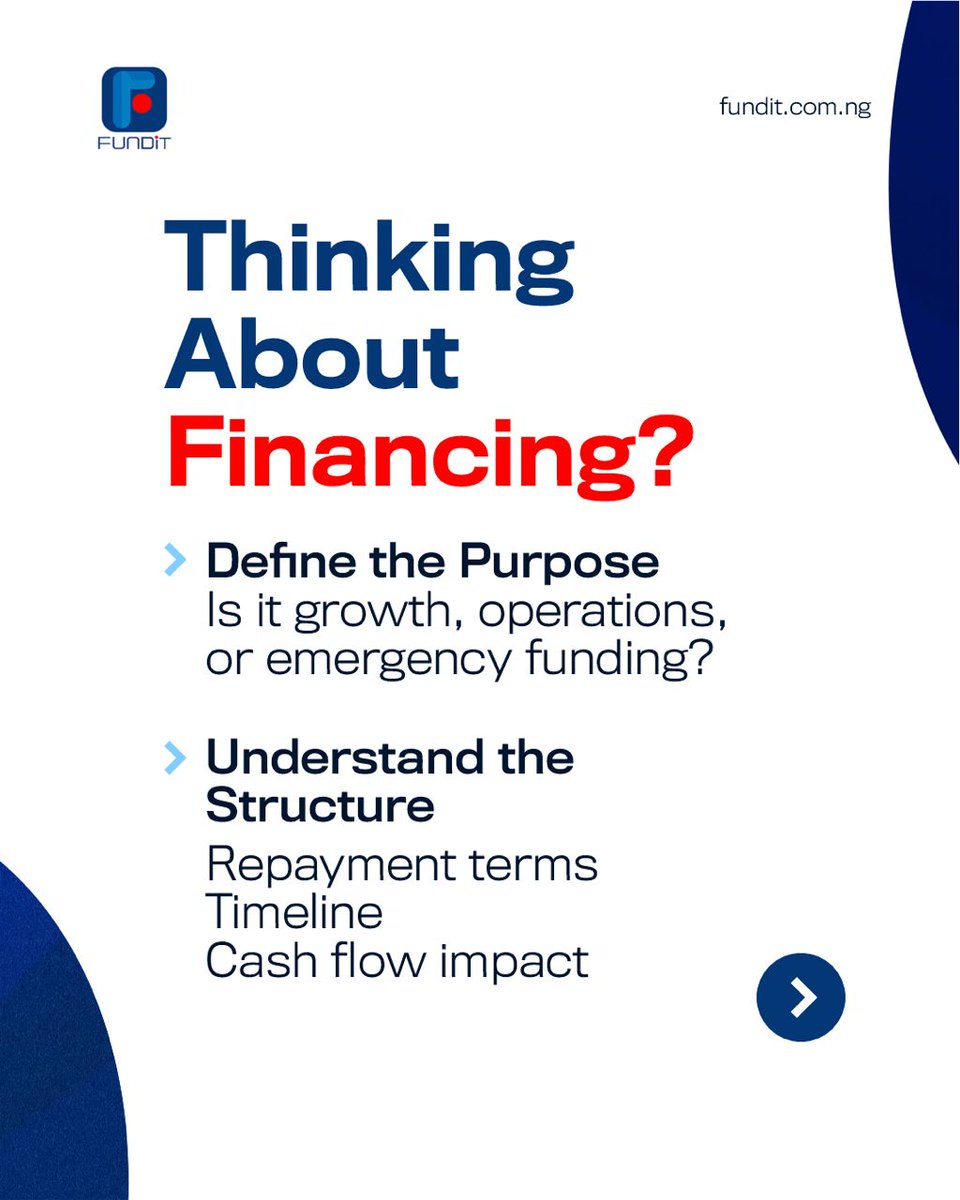 FUNDiTFinancial's tweet photo. Before you take a loan:
Define the purpose.
Understand the structure.
Assess the cash flow impact.
Choose a structured partner.
Financing should strengthen your business — not stress it.
📞 07086429380
#SmartFinance #SMEs #CashFlow #FUNDiT https://t.co/lu6gAw4WCQ
