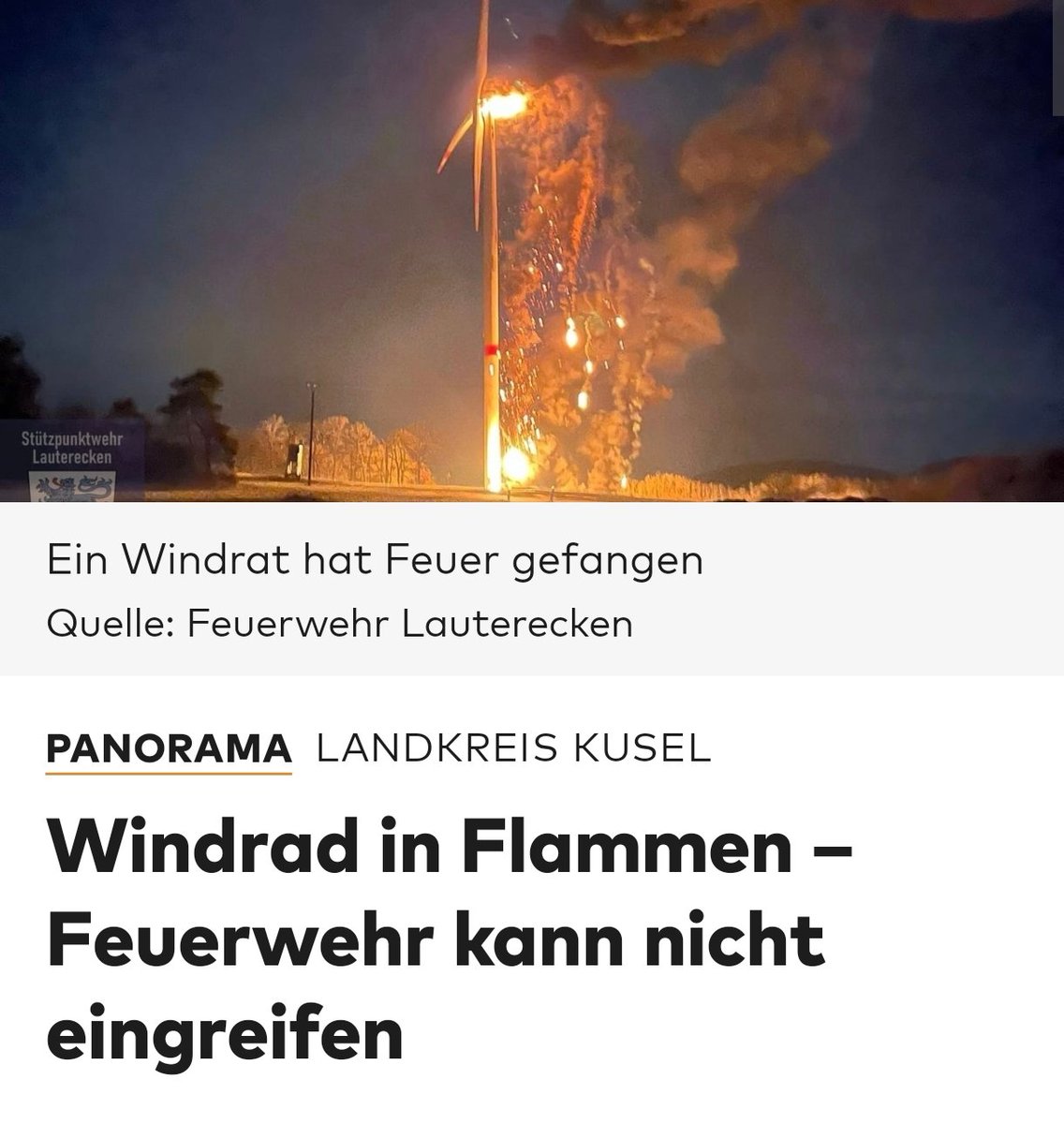 UlrichManns's tweet photo. Nur ein (kontrolliert) abbrennendes #Windrad ist ein gutes Windrad 👍🏻👍🏻😂🤣😂❗#kusel #windeck https://t.co/X7BrdOxTUG