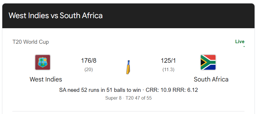 # SAvsWI मैच रोमांचक और भारत के लिए बेहद अहम है भारत की दृष्टि से है। 

 दक्षिण अफ्रीका की जीतना जीत भारत के लिए फायदेमंद है होगी। 
 अभी की स्थिति से लग रहा है कि दक्षिण अफ्रीका जीतेगी जीतेगी। 
 
 आपको क्या लगता है??? 

 #WIvsSA 
#INDvsZIM 
#T20WorldCup 
#T20WC2026