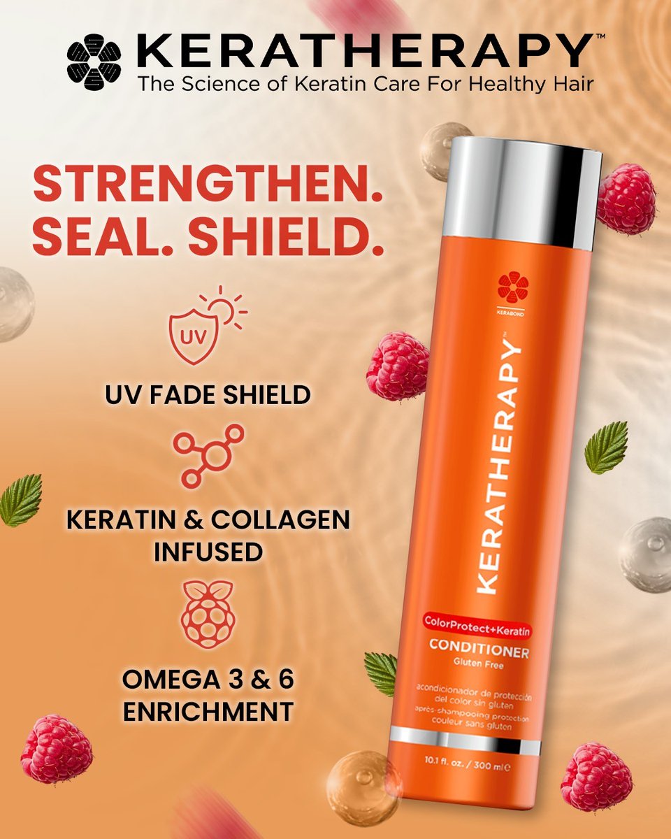 Keratherapy's tweet photo. Your hair color is an investment—protect it. 🛡️🎨

Keratherapy Color Protect Conditioner strengthens with keratin &amp; collagen, seals in pigment &amp; shields against UV fade. With raspberry seed oil for shine + moisture. ✨

Keep your color vibrant longer.
#Keratherapy #ColorProtect https://t.co/PUT2ByZLes