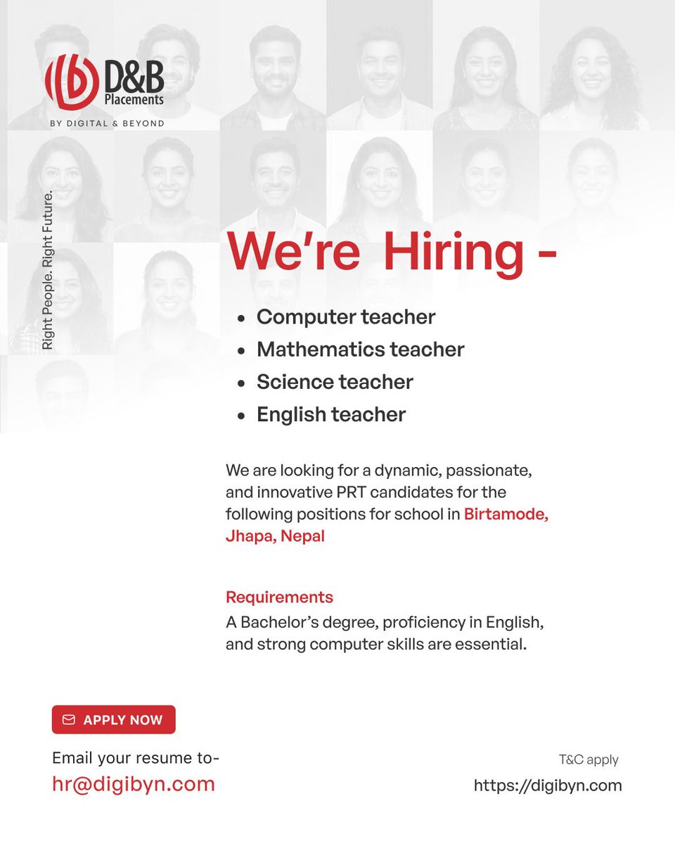 dnbforpeople's tweet photo. Exciting primary teaching roles in Birtamode, Nepal - 
Computer, Math, Science, &amp; English. 

Requirement: 
Bachelor's (Master's pref), 3+ yrs exp. 

To apply, please share your CV to hr@digibyn.com and use the job title as the subject of the email. https://t.co/Bz1iWZINzr