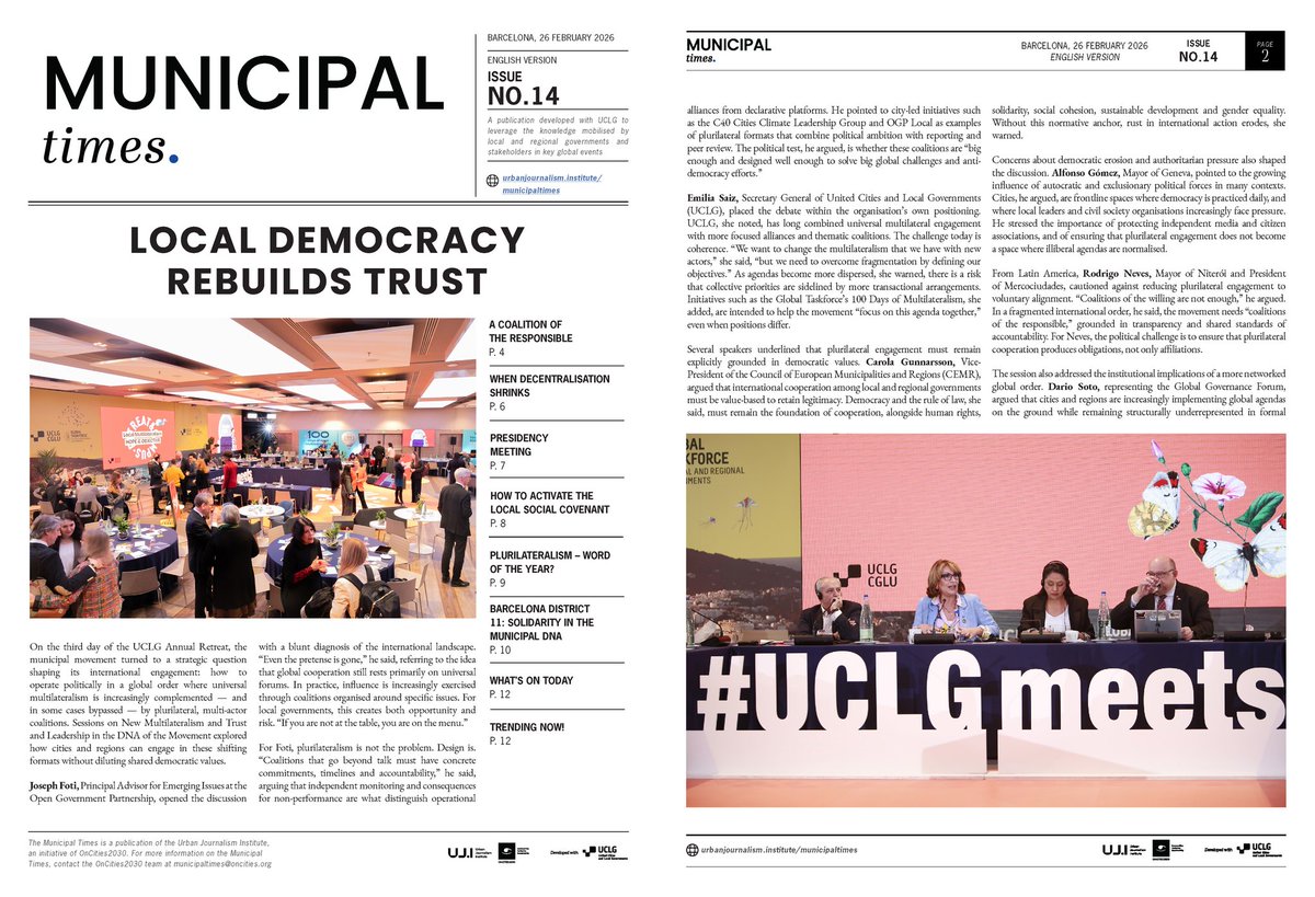 UJInstitute's tweet photo. 🗞️ ¡Nuevo número disponible!

El día 3 del Retiro de @uclg_org examinó la democracia en tiempos de fragmentación; desde el nuevo multilateralismo hasta la confianza, el liderazgo y el Pacto Social Local.

🔗 https://t.co/neLXPpxdJU

#MunicipalTimes #UCLGMeets https://t.co/wXCRj6Nc3y
