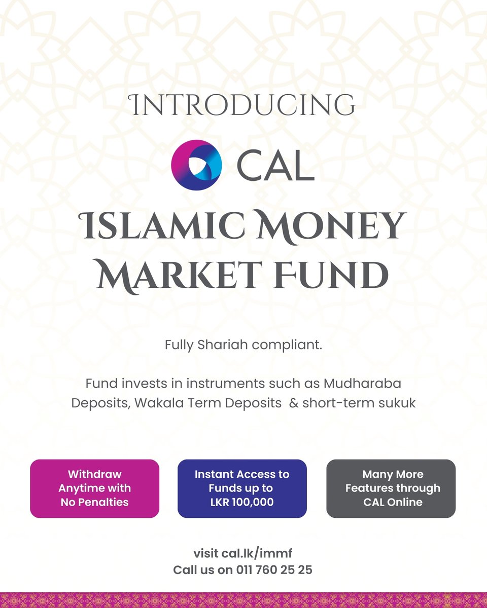 cal_lk's tweet photo. We're introducing the CAL Islamic Money Market Fund Shariah-compliant investment with daily liquidity and transparent returns.

The fund is fully regulated by the Securities and Exchange Commission of Sri Lanka. https://t.co/5KTVRgJ8pB