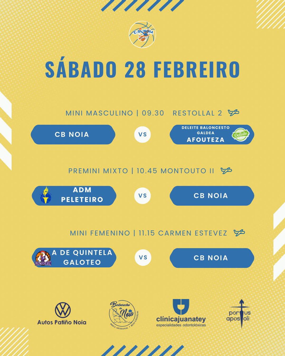 CBNoia's tweet photo. 📅🏀 PARTIDOS DA XORNADA

Estes son os horarios dos nosos equipos esta fin de semana!

👉 Consulta o teu equipo e vémonos no pavillón! https://t.co/b8LLq5as11