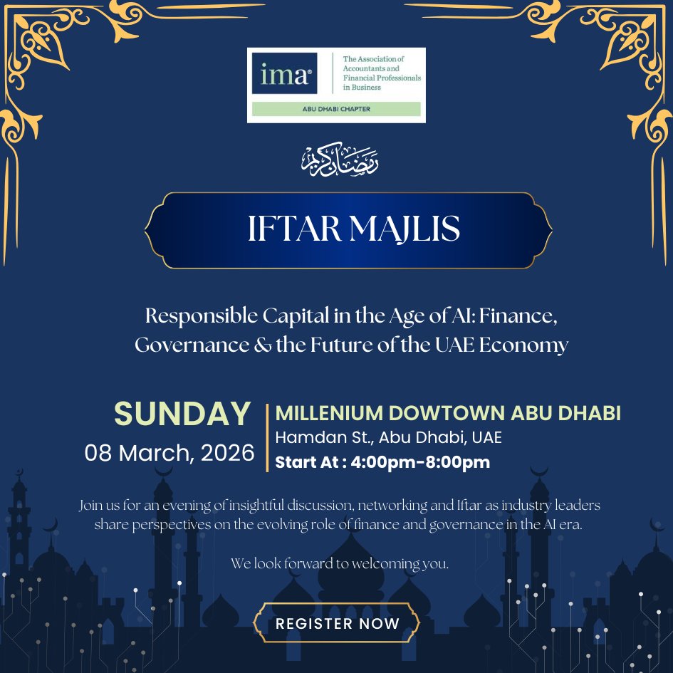🌙 IMA Abu Dhabi Iftar Majlis 2026

Join us on 08 March 2026 | 4–8 PM | Millennium Downtown Abu Dhabi

Insightful talks, panel discussion &amp; networking over Iftar.

Register now.
bit.ly/imaabudhabi_If…

#IMAcommunity #Iftar #Ramadan #imaabudhabi